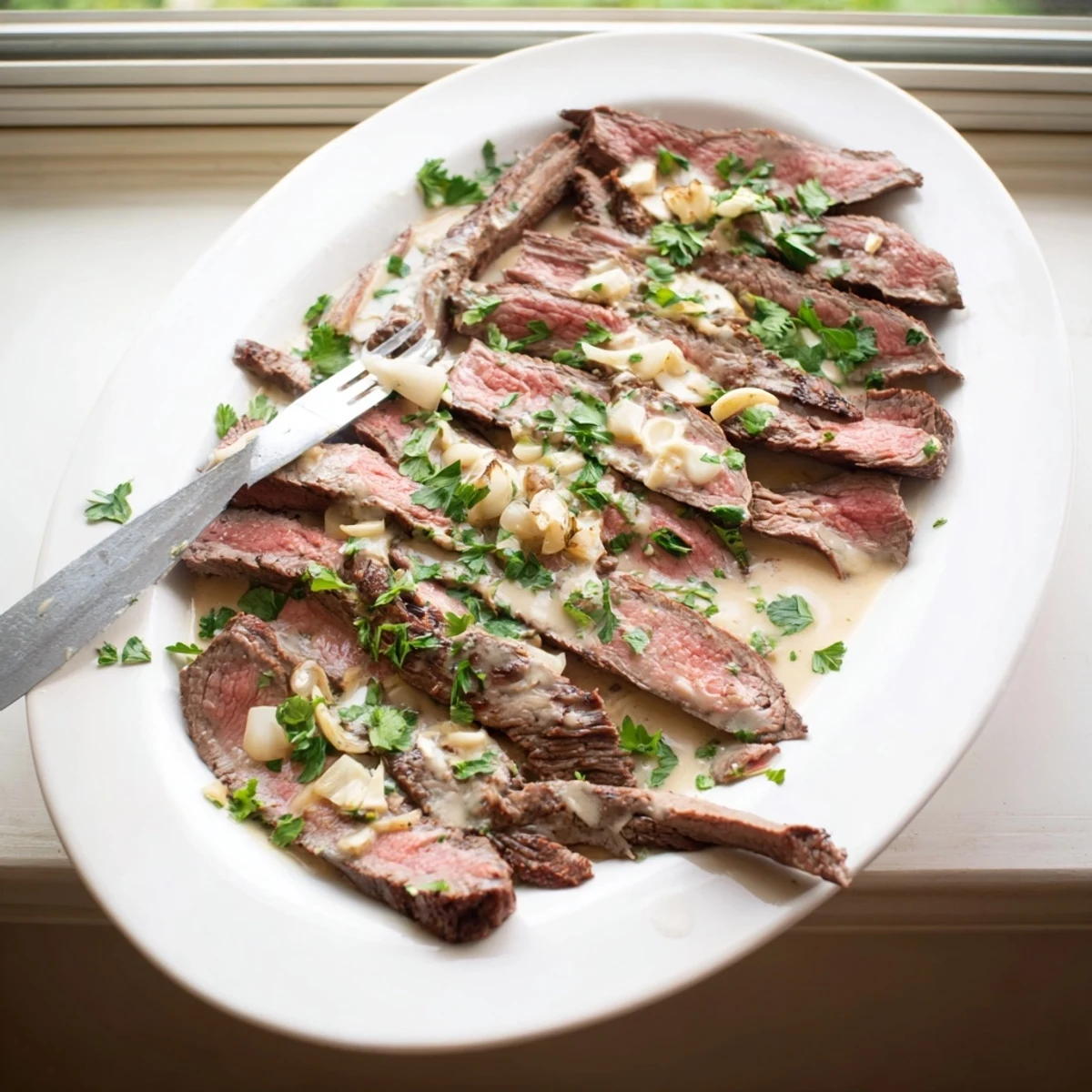 Juicy flank steak with roasted garlic sauce ready to serve, with melted butter and herbs in the skillet.