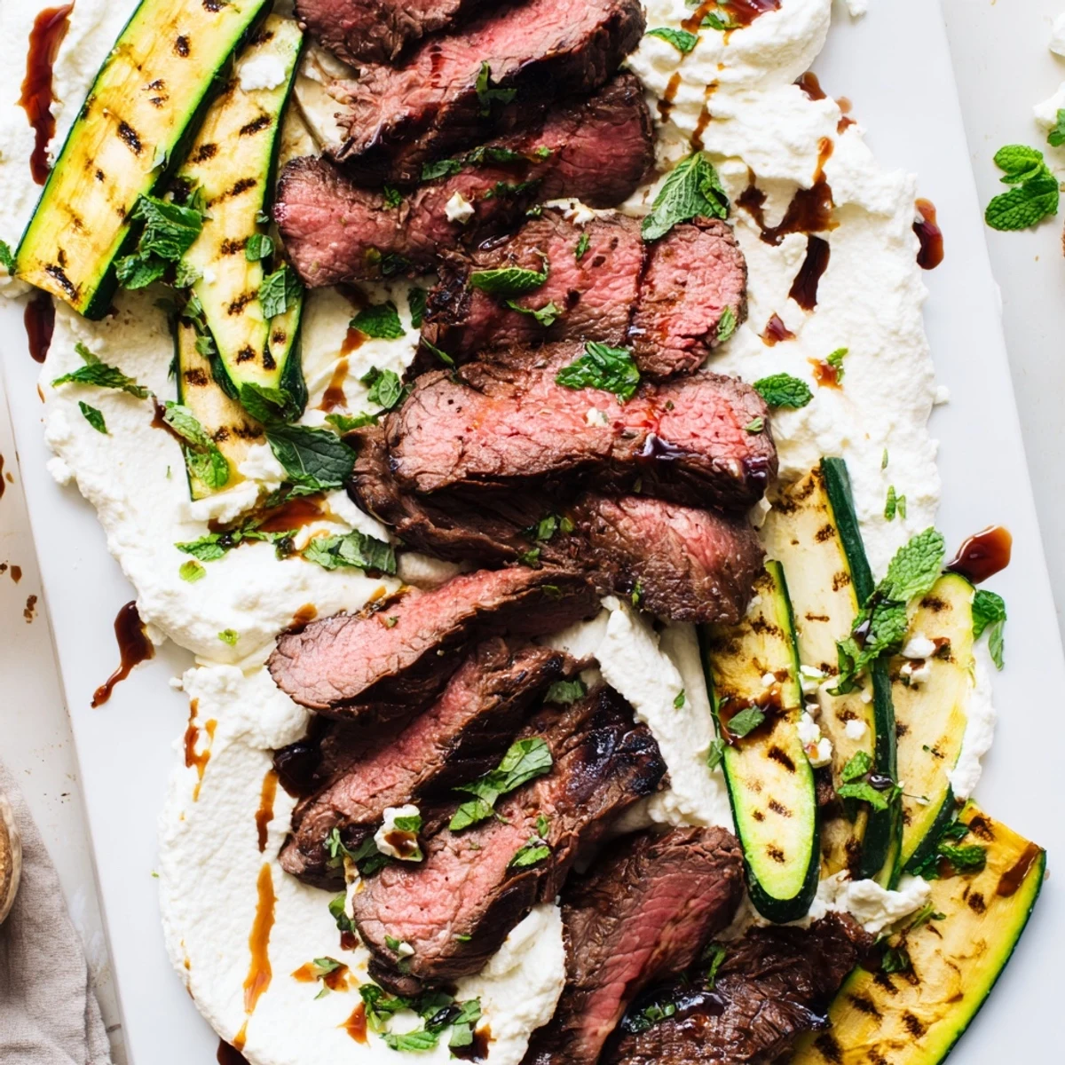 Sliced balsamic flank steak rests beside charred zucchini and creamy whipped feta on a rustic platter.