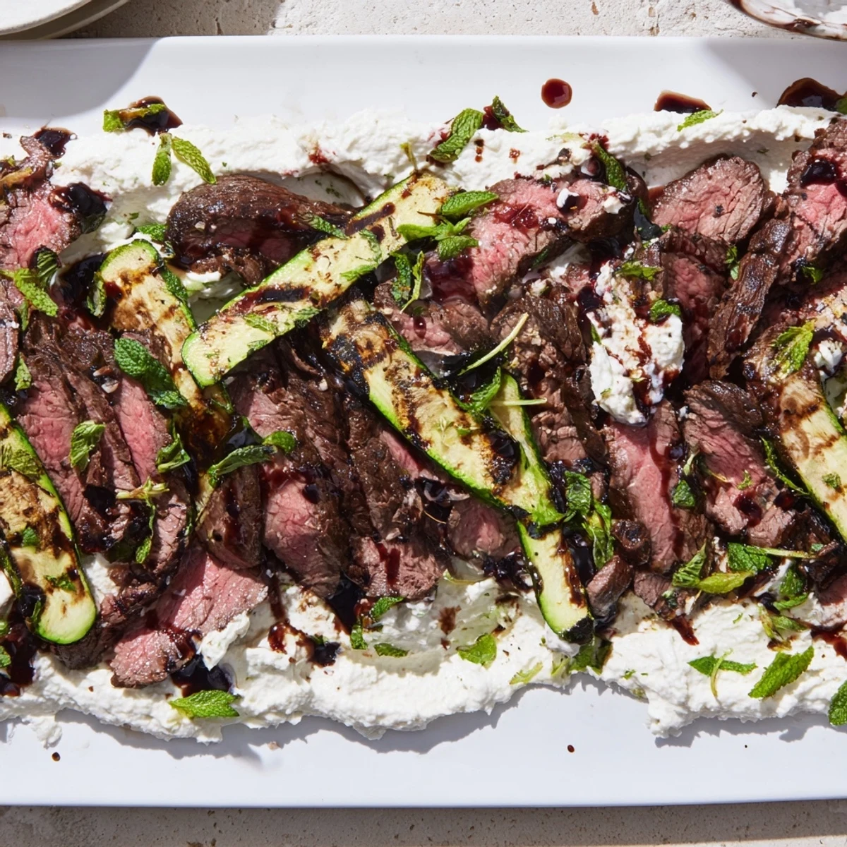 Juicy grilled flank steak topped with balsamic glaze alongside smoky zucchini and fluffy whipped feta spread.