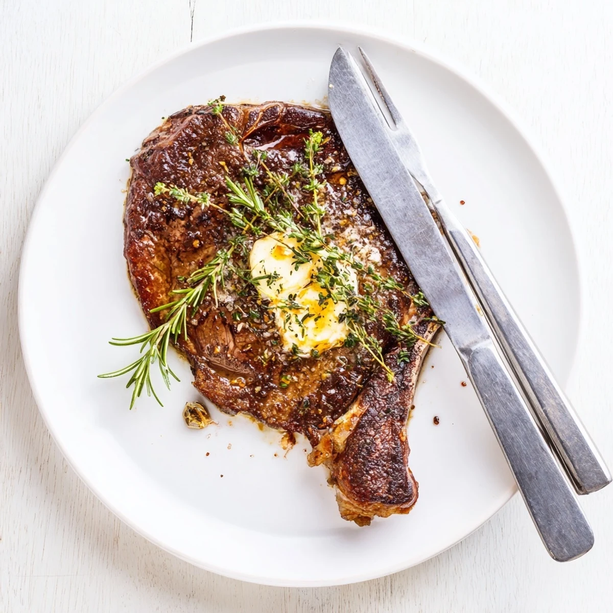 The Pan Seared Ribeye Steak showcases a juicy, pink-centered slice with a caramelized crust and melted garlic butter on a dark plate.