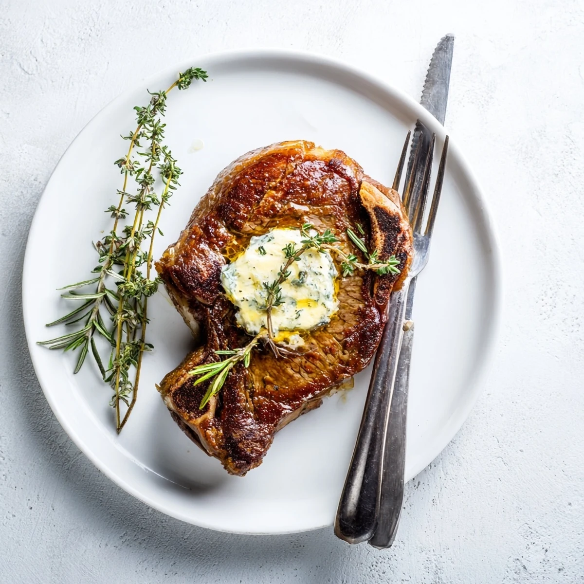 Golden-brown Pan Seared Ribeye Steak resting on a wooden cutting board, garnished with fresh thyme and rosemary sprigs and garlic cloves.