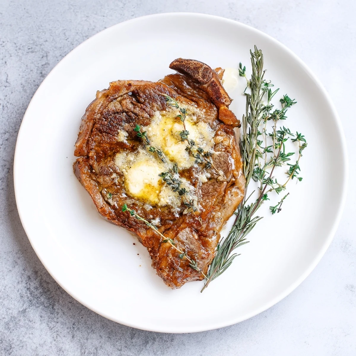 A beautifully seared Pan Seared Ribeye Steak topped with garlic butter and herbs, served alongside roasted vegetables for a hearty American meal.