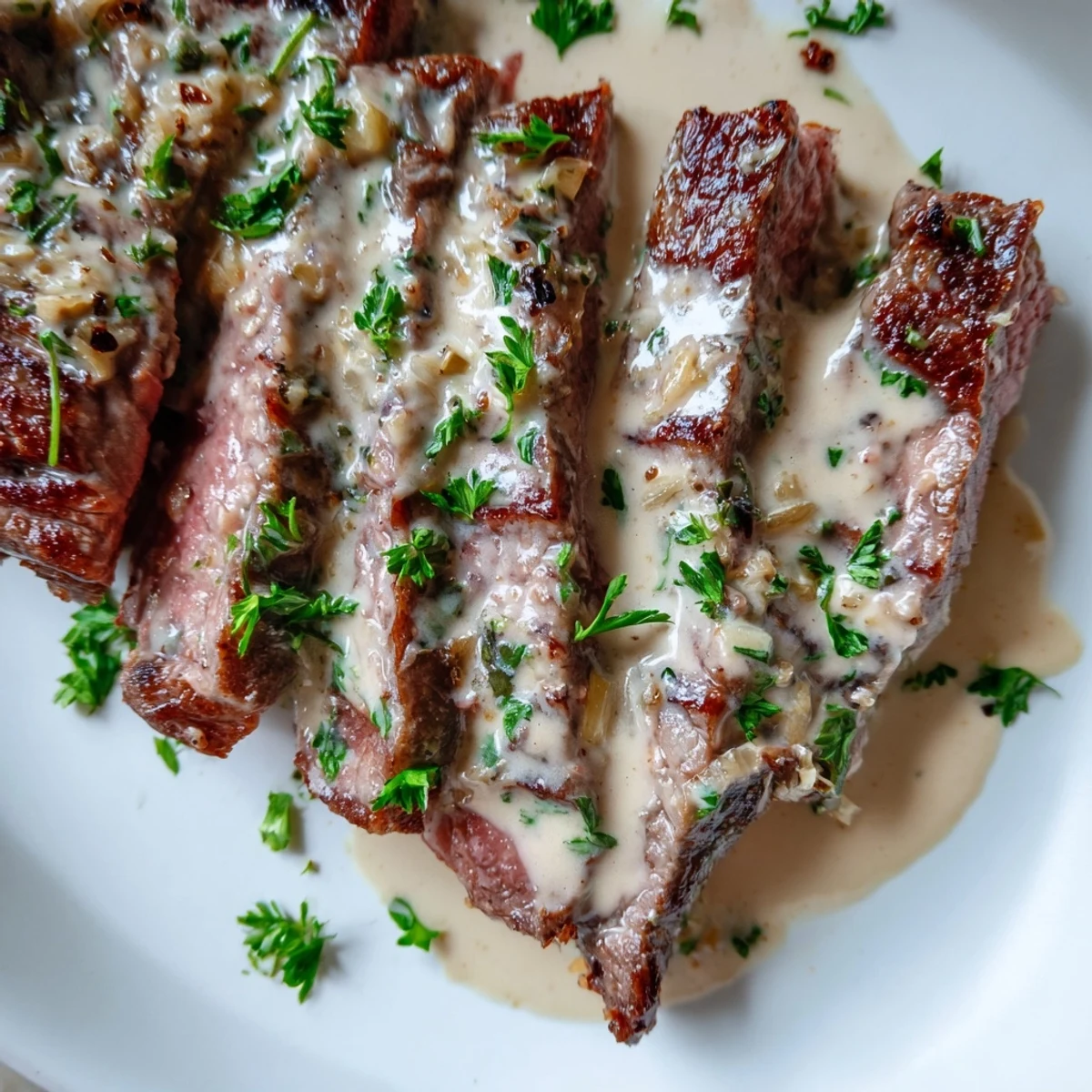 A juicy ribeye steak with creamy garlic sauce sits beside roasted potatoes, glistening with fresh parsley garnish.