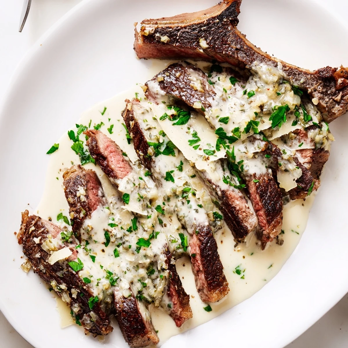Golden seared steak smothered in velvety garlic sauce, served with steamed green beans for a complete meal.