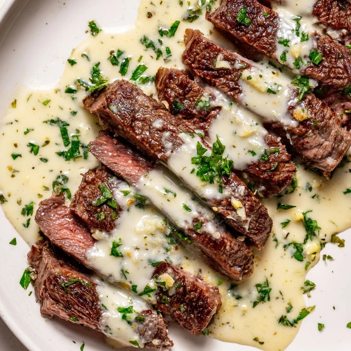 Sliced medium-rare ribeye topped with rich Parmesan garlic cream sauce, ready to enjoy with a crisp salad.