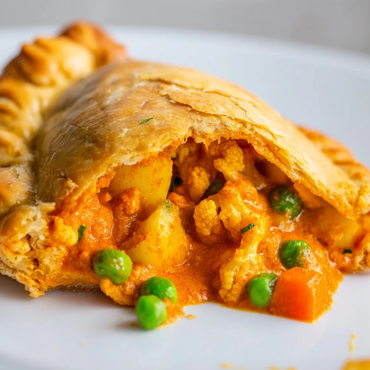 Golden-brown, flaky Tikka Masala Vegetarian Pies rest on a wooden board next to a small bowl of mango chutney.
