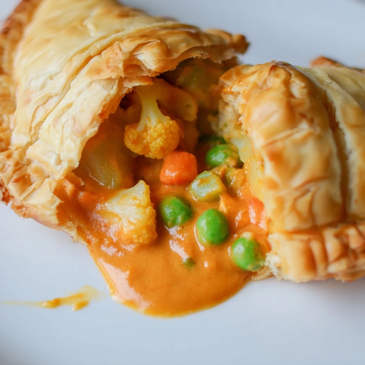 Six hand-held Tikka Masala Vegetarian Pies are arranged on a white plate, revealing a creamy, spiced vegetable filling.