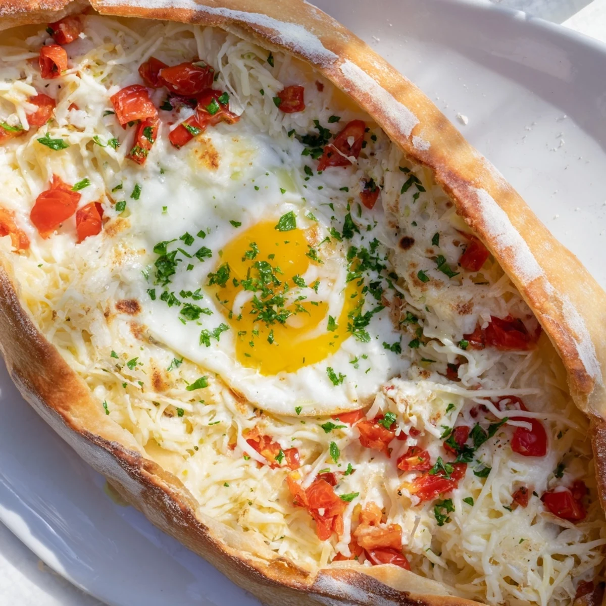 Freshly baked Turkish Pide with Egg, Tomato, and Cheese is served warm with a side of salad on a ceramic platter, ready to be sliced.