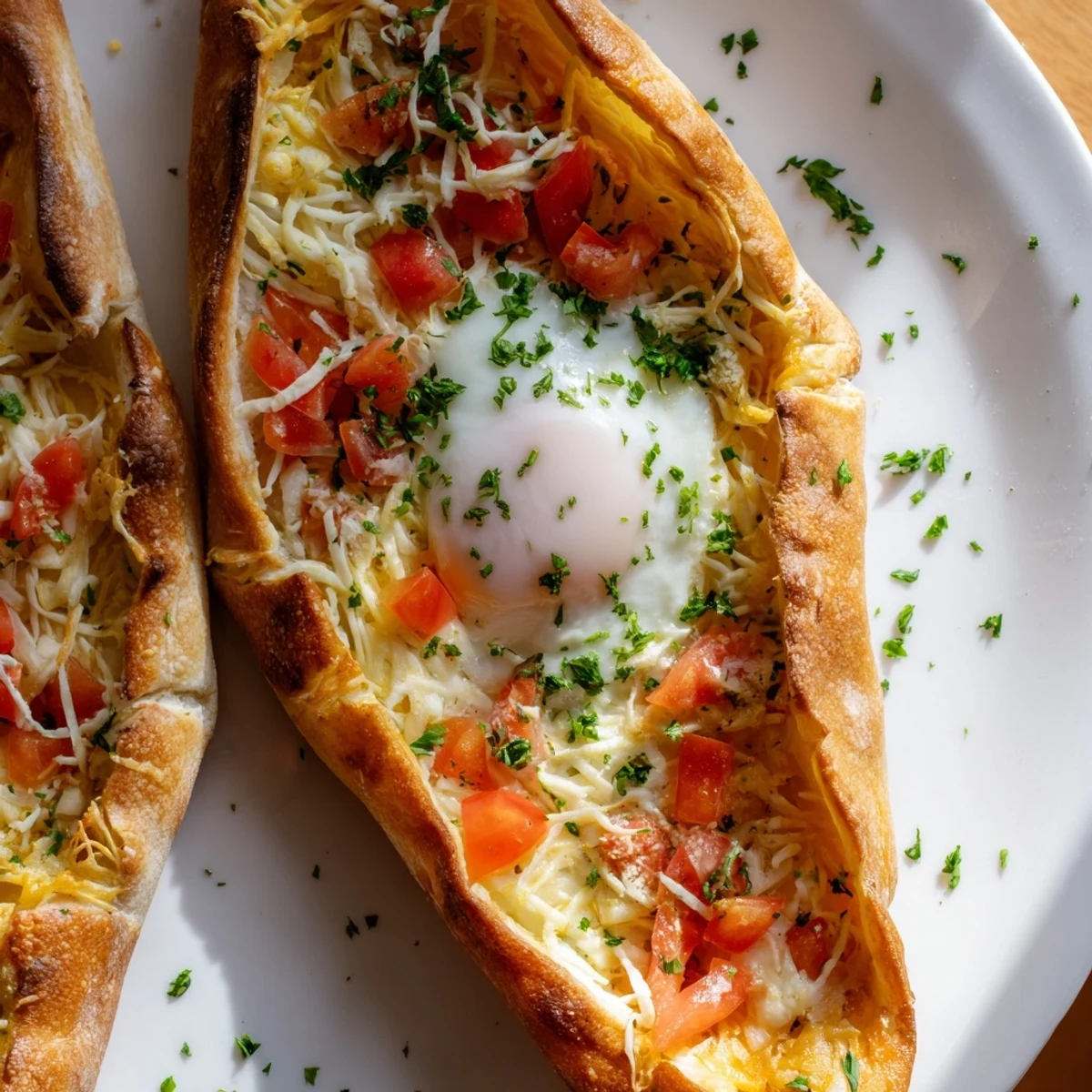 Golden-baked Turkish Pide with Egg, Tomato, and Cheese sits on a rustic wooden table, featuring a cracked egg and melty cheese in a crispy crust.