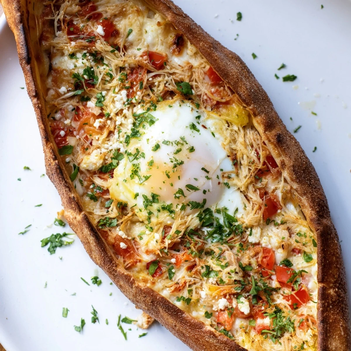 Close-up view of a slice of Turkish Pide with Egg, Tomato, and Cheese, showing a runny yolk and melted mozzarella inside a golden boat shape.