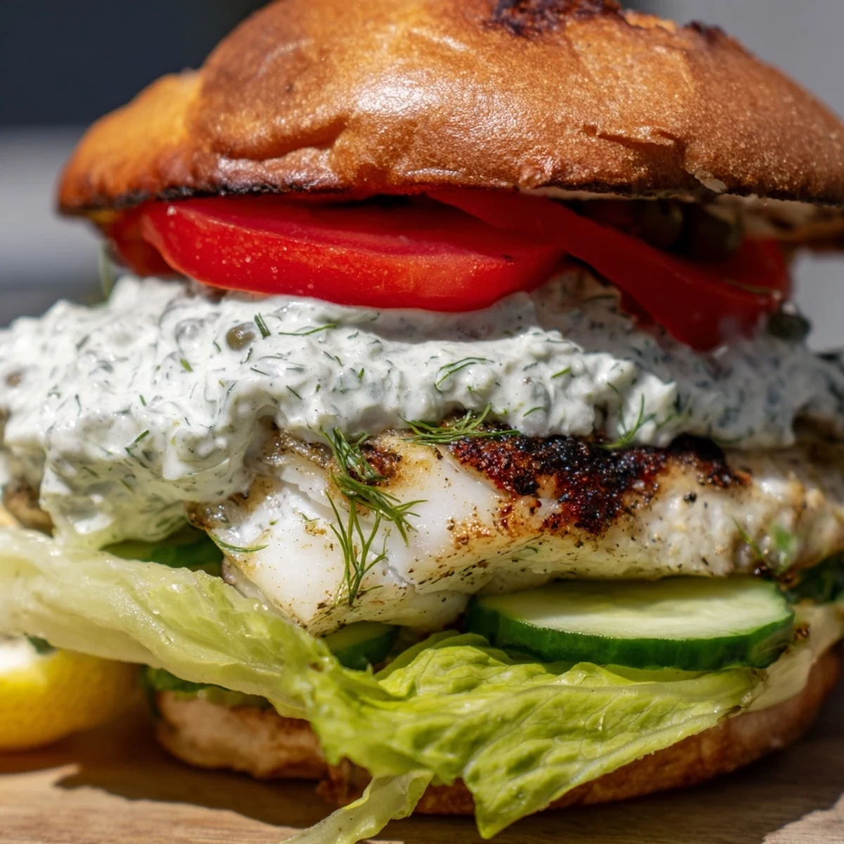 Freshly assembled BBQ Barramundi Burger showcasing flaky fish, charred greens, and a zesty tartare with a hint of heat.