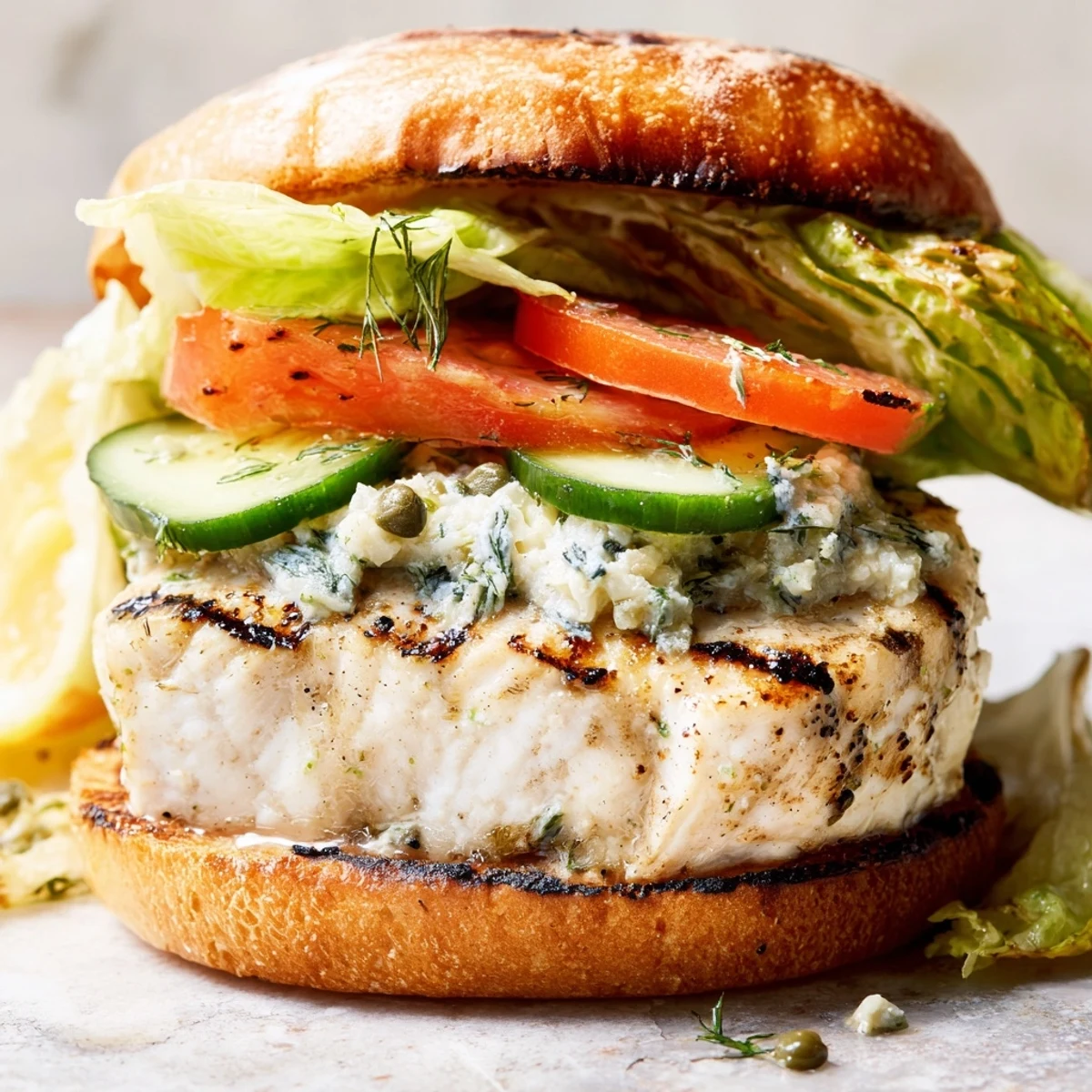 Close-up of a delicious Australian fusion burger featuring grilled barramundi, melted tartare, and colorful toppings on a toasted bun.