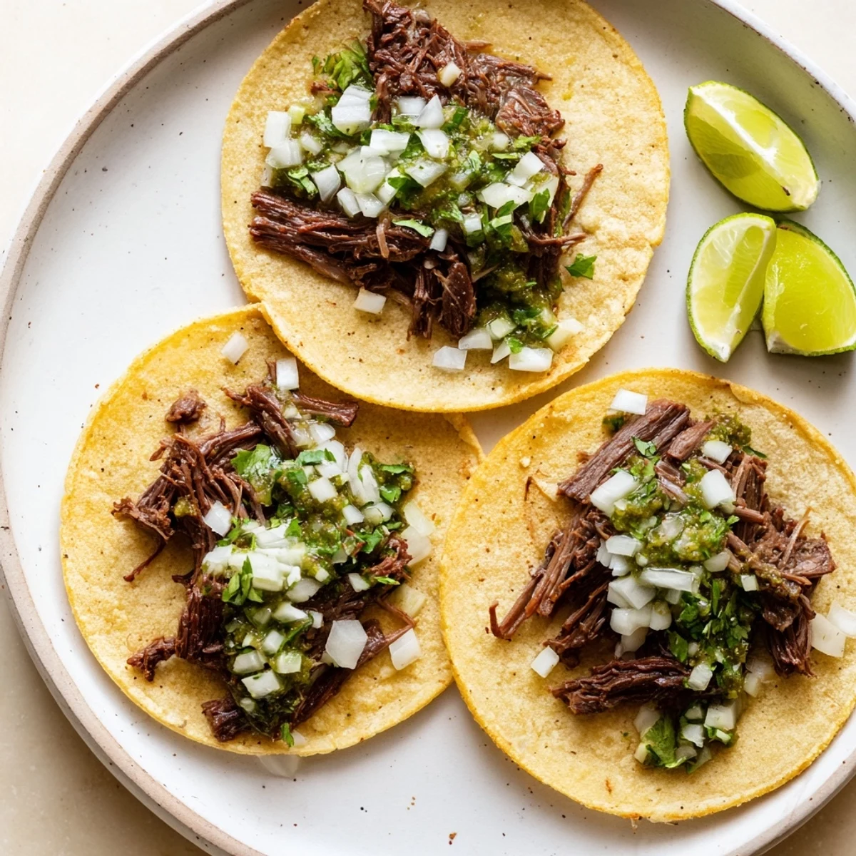 Close-up of plated Beef Cheek Tacos showing juicy shredded meat, fresh garnishes, and vibrant salsa on a rustic table.