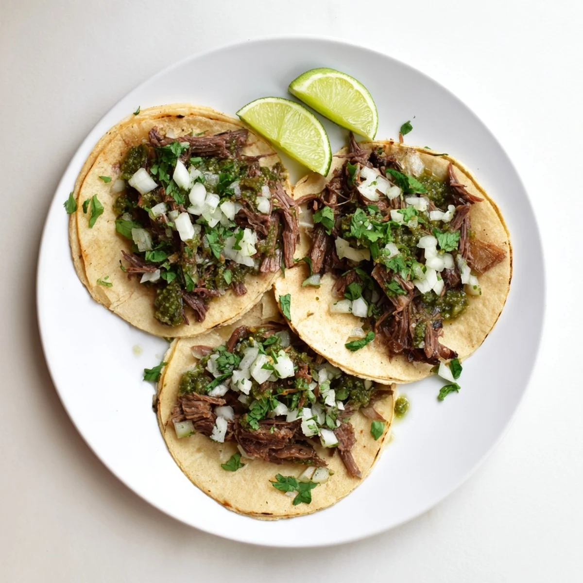 Tender slow-braised beef cheek meat in a soft tortilla with lime wedges and salsa for delicious Beef Cheek Tacos.