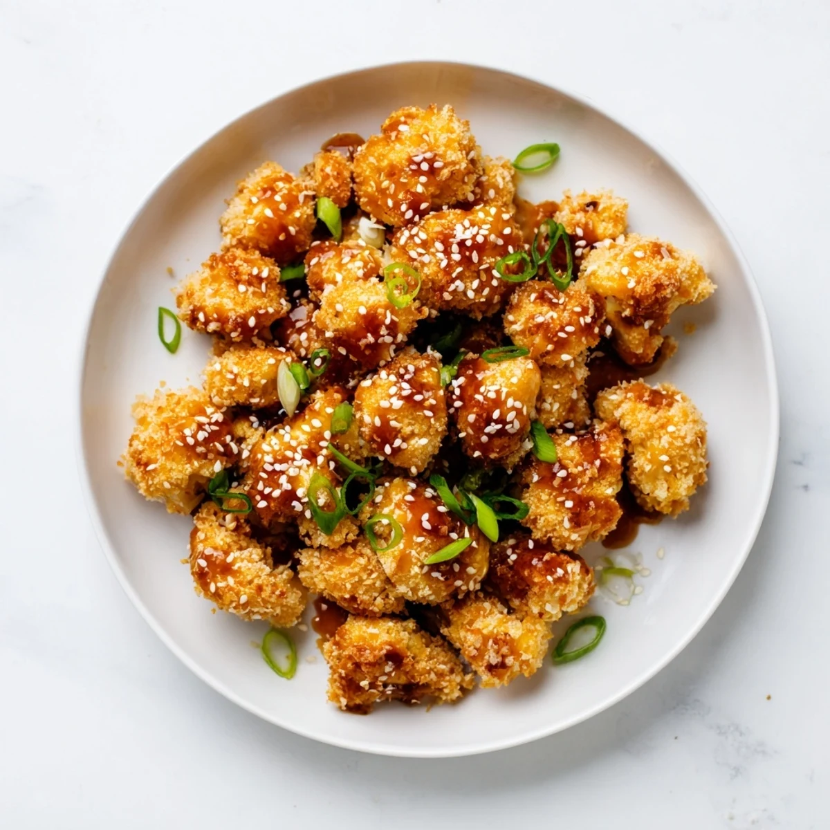A close-up of Sticky Honey Garlic Cauliflower showing the crunchy panko texture and a drizzle of sweet, savory honey garlic glaze.