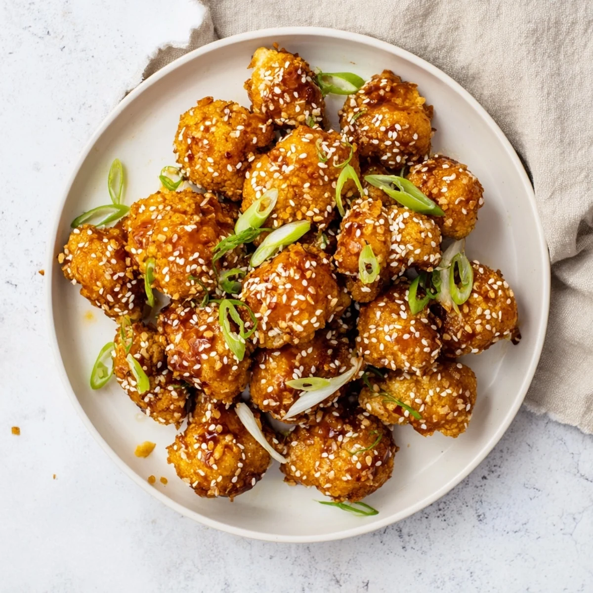Serving suggestion of vegetarian Sticky Honey Garlic Cauliflower in a bowl with chopsticks and steamed rice for a flavorful appetizer.