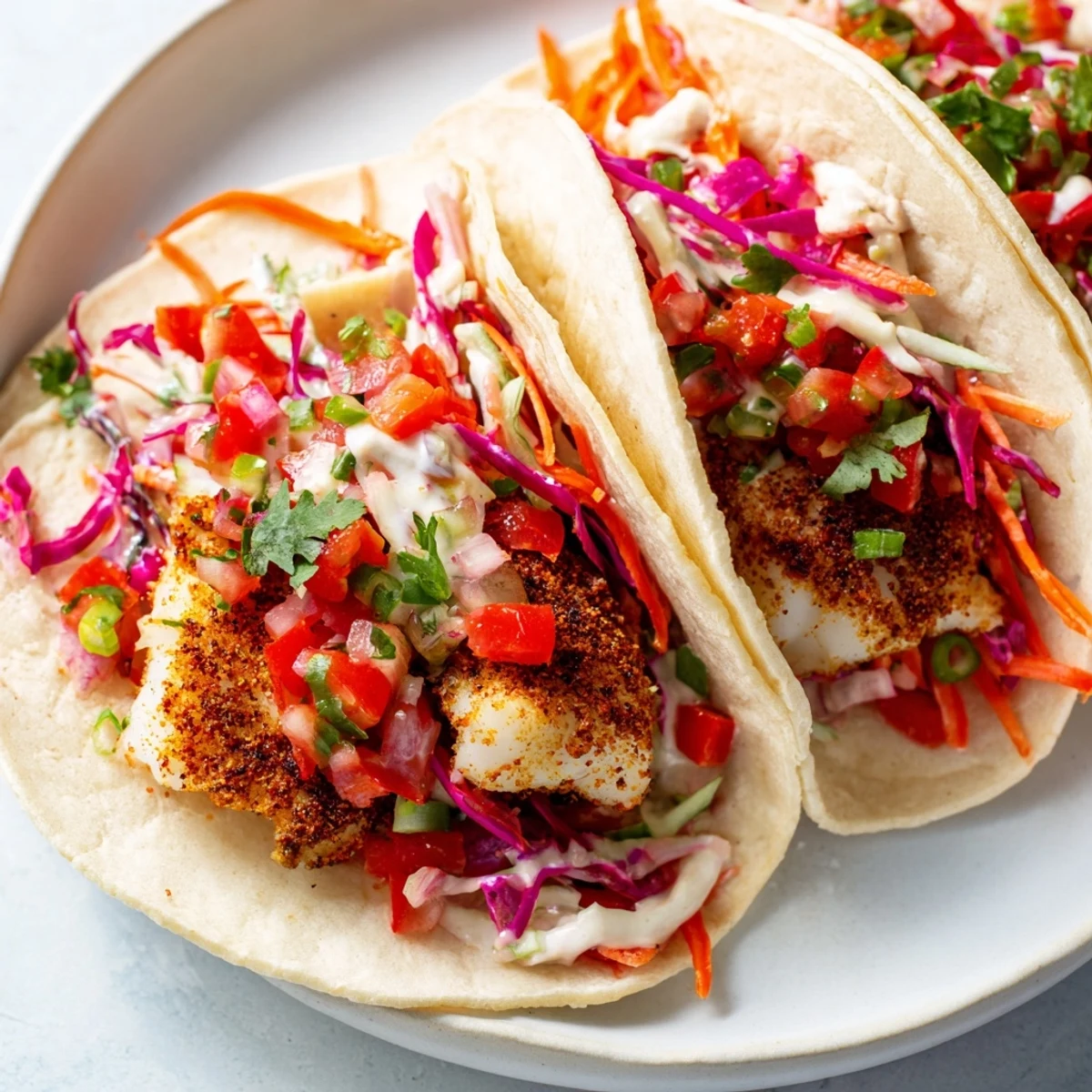 Flaky grilled Barramundi Tacos with vibrant rainbow slaw and zesty salsa sit on a plate with lime wedges.