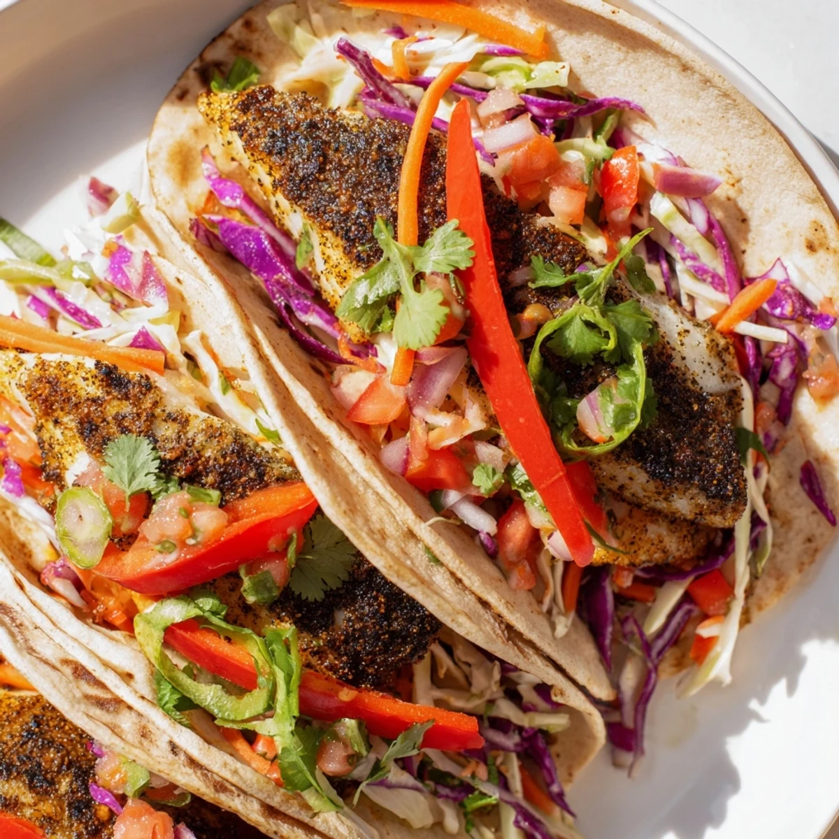 Crisp corn tortillas hold tender Barramundi Tacos topped with crunchy rainbow slaw and fresh salsa for serving.