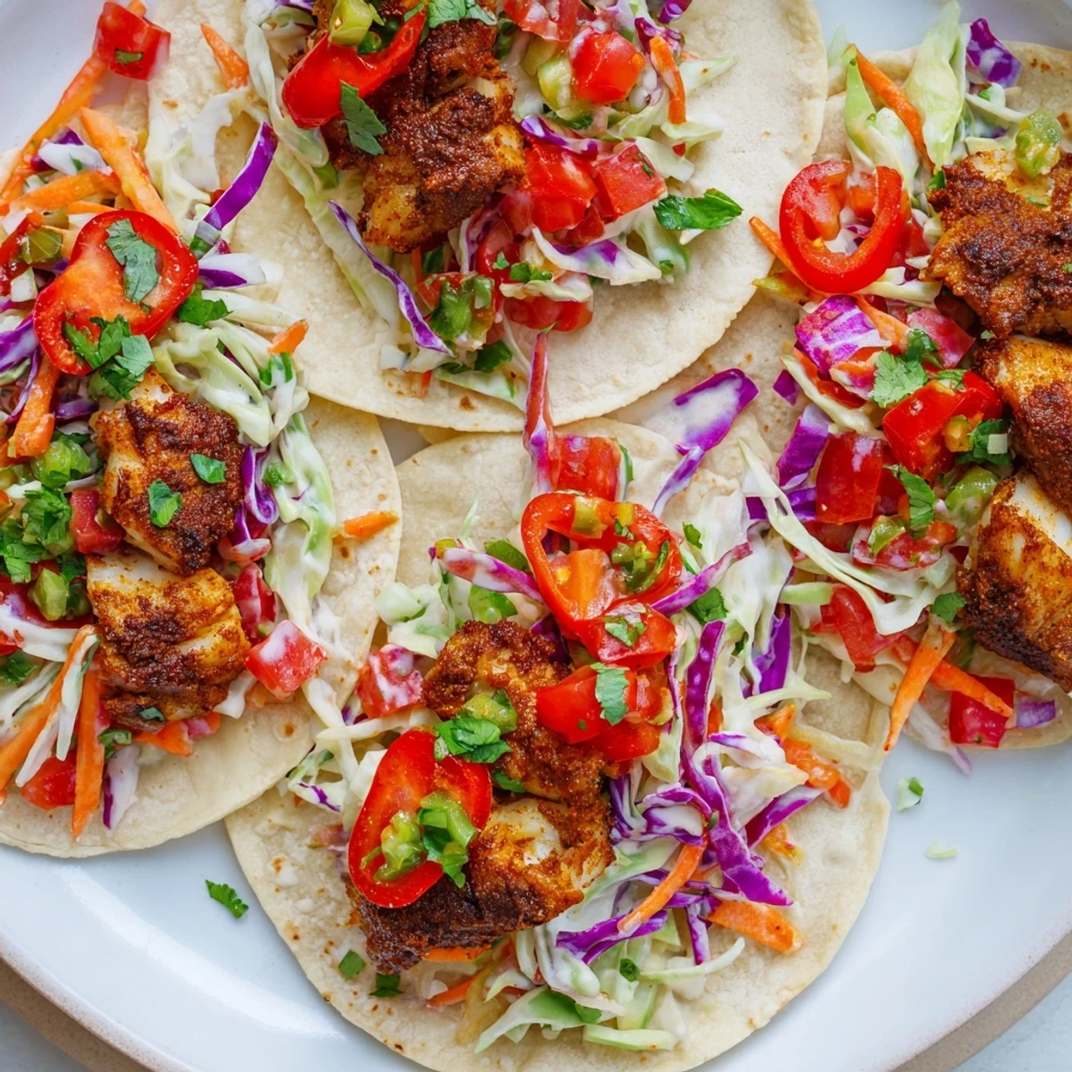 Golden-brown Barramundi Tacos are assembled with colorful slaw and tomato salsa on a wooden board for taco night.