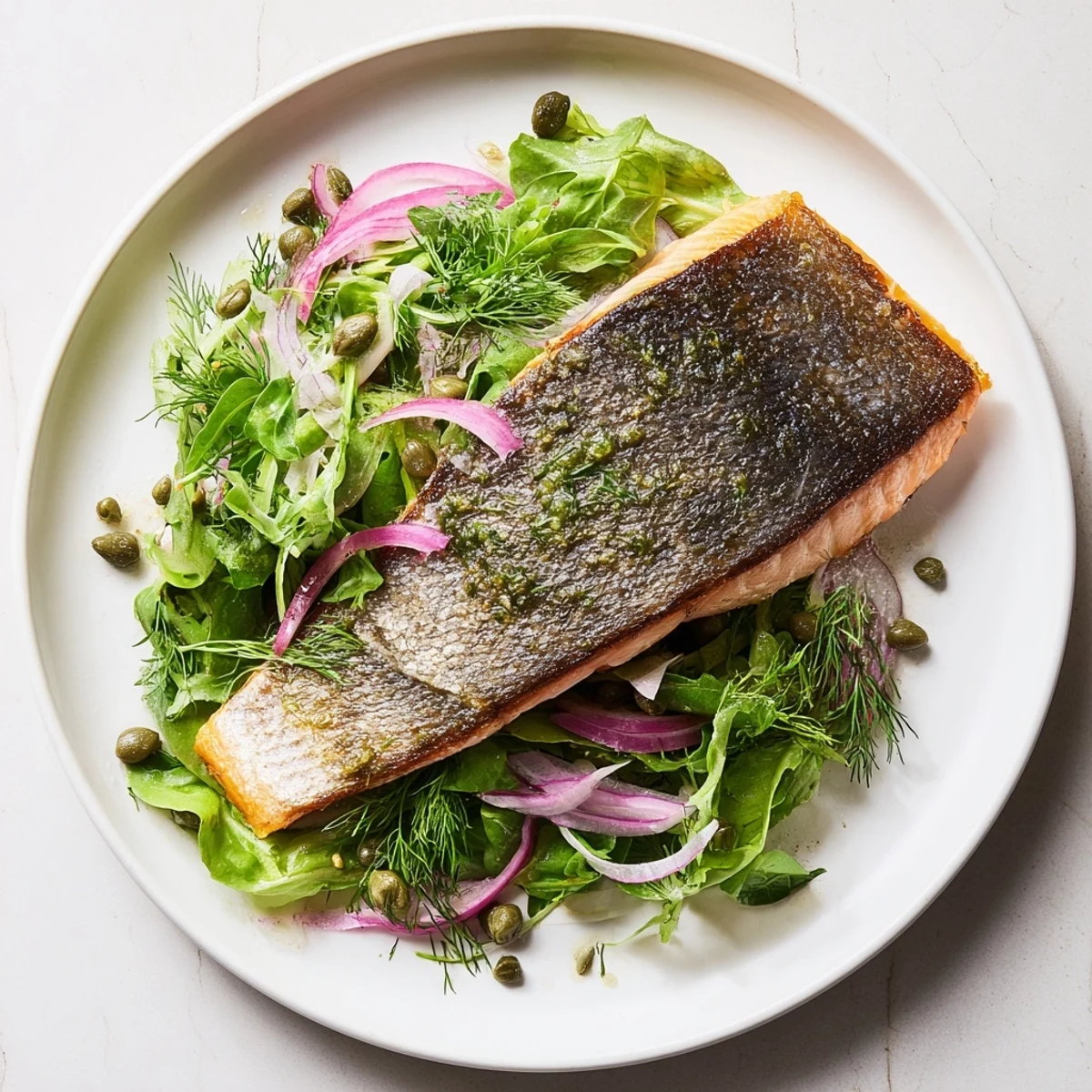 Close-up of seared Tasmanian Atlantic salmon showing crispy skin, served with mixed greens and capers for a fresh meal.