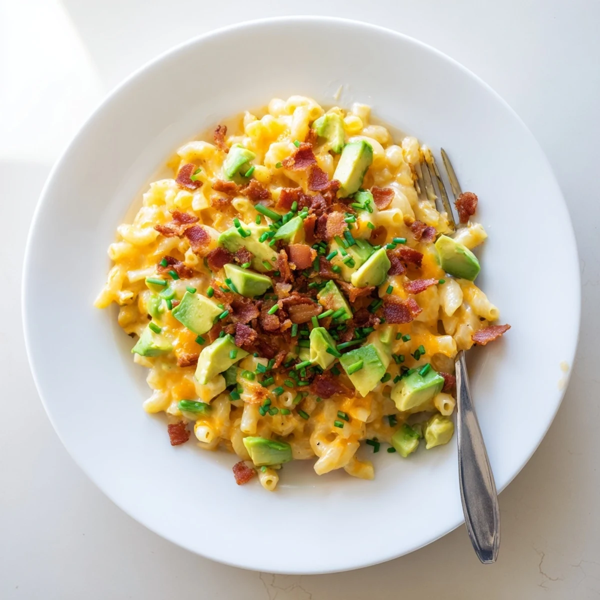 Creamy Avocado and Bacon Mac and Cheese served steaming in a white bowl with crispy bacon bits and diced green avocado.