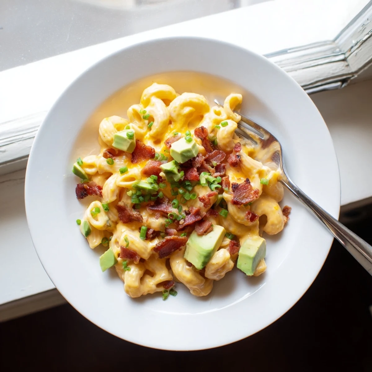 Golden baked Avocado and Bacon Mac and Cheese with melted cheddar crust sits beside fresh chives and a glass of white wine.
