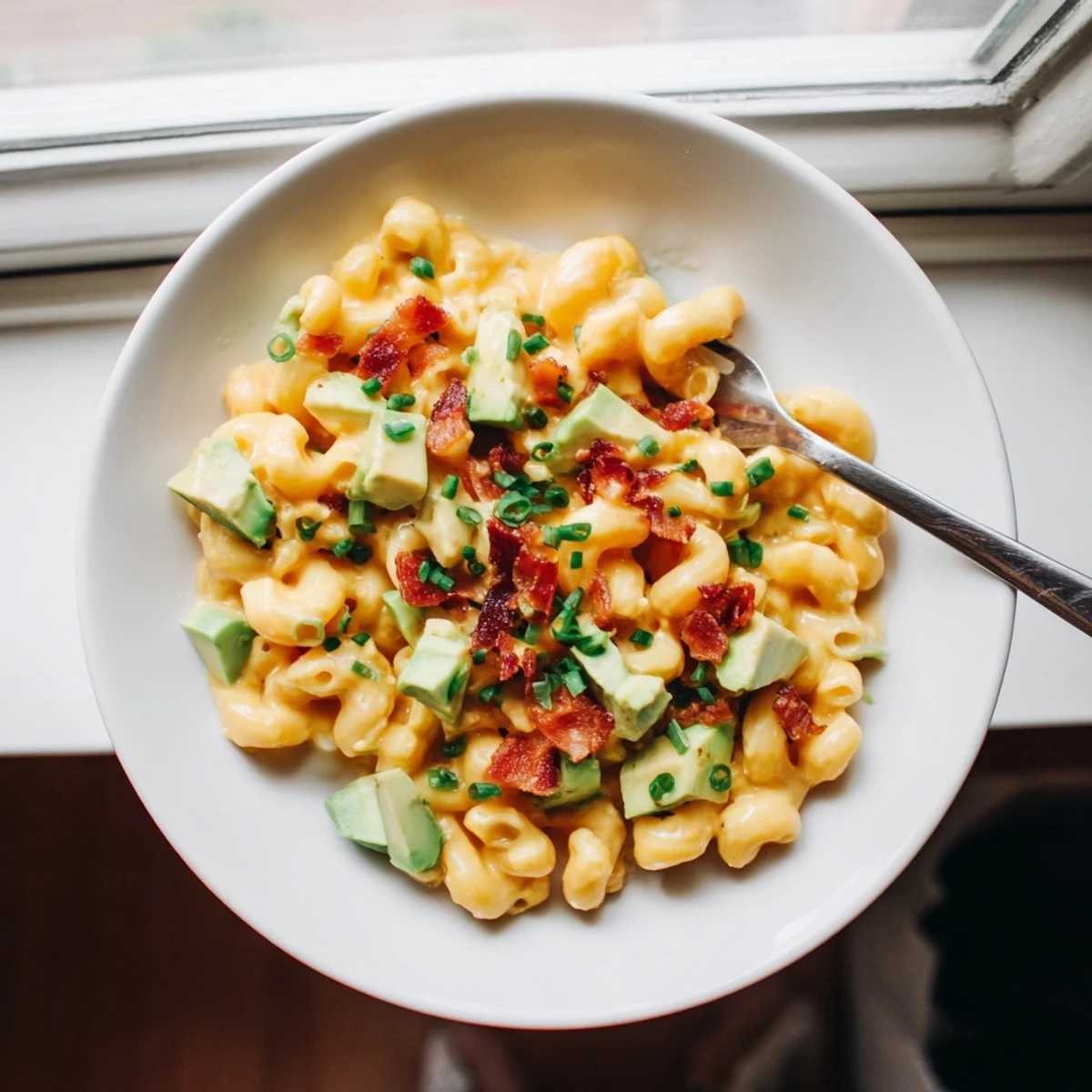 Vibrant bowl of Avocado and Bacon Mac and Cheese featuring creamy avocado chunks and smoky bacon pieces ready to serve hot.