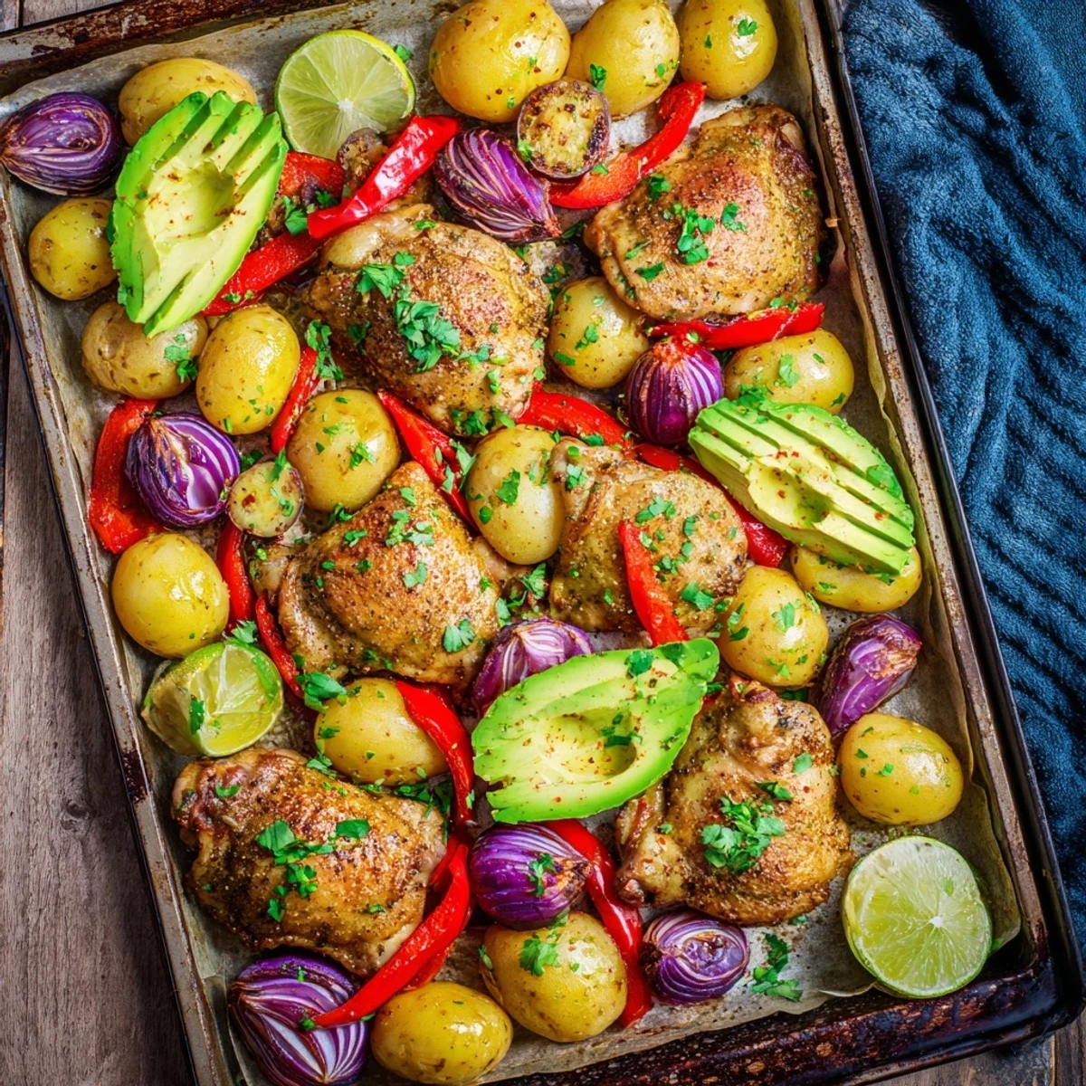 Golden roasted chicken thighs and crispy baby potatoes on a tray bake, topped with creamy avocado slices and fresh herbs, served with lime wedges.