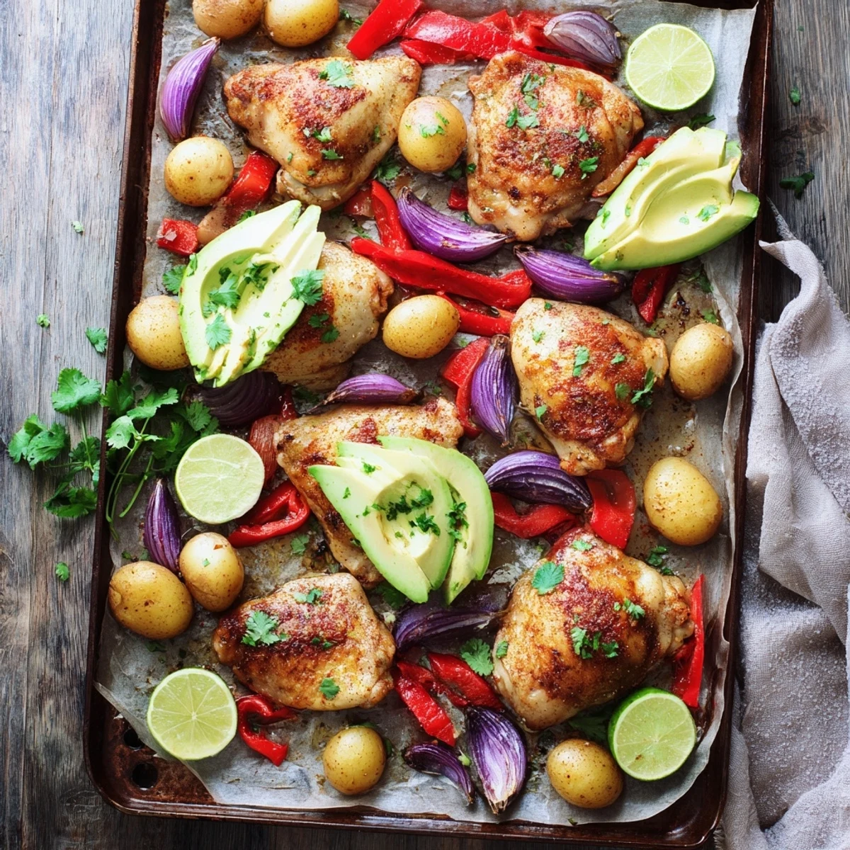 Vibrant Chicken Avocado and Crunchy Potato Tray Bake with colorful red onion and bell pepper, garnished with parsley and ready to serve from the oven.