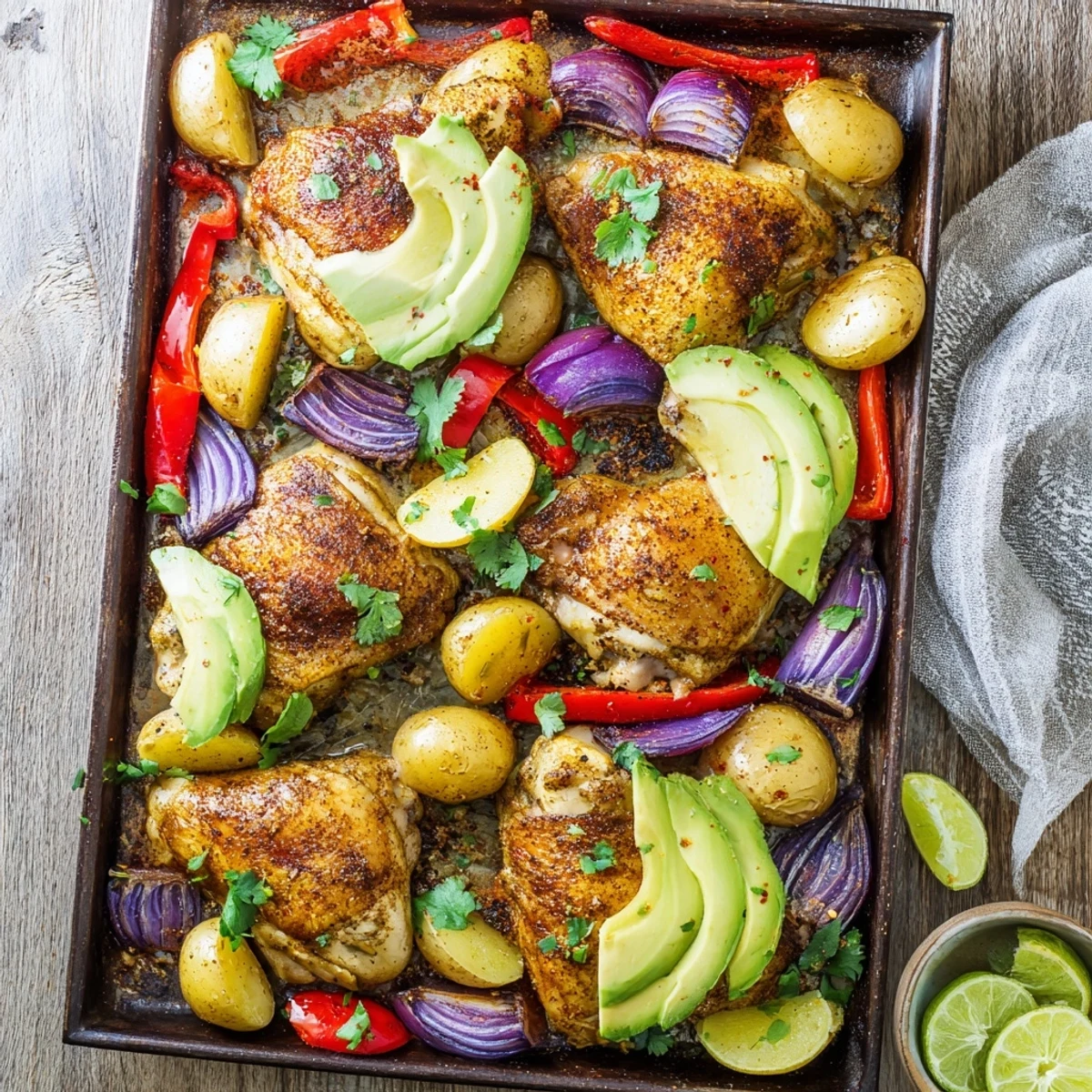 Sizzling one-pan Chicken Avocado and Crunchy Potato Tray Bake featuring succulent chicken, golden potatoes, and ripe avocado, finished with lime for a gluten-free dinner.