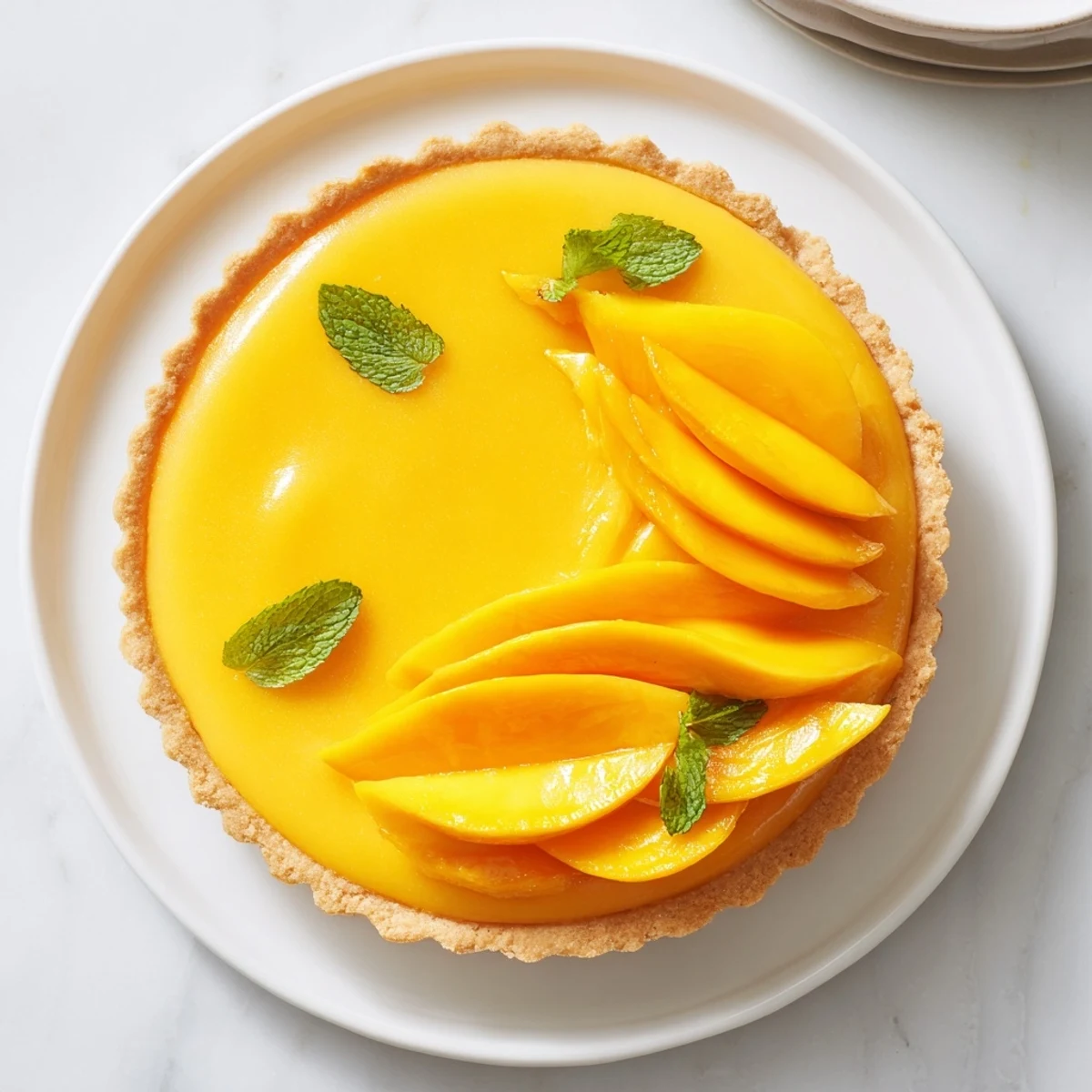Freshly baked Mango Curd Tart with silky yellow filling in a golden buttery crust, topped with mango slices and mint.