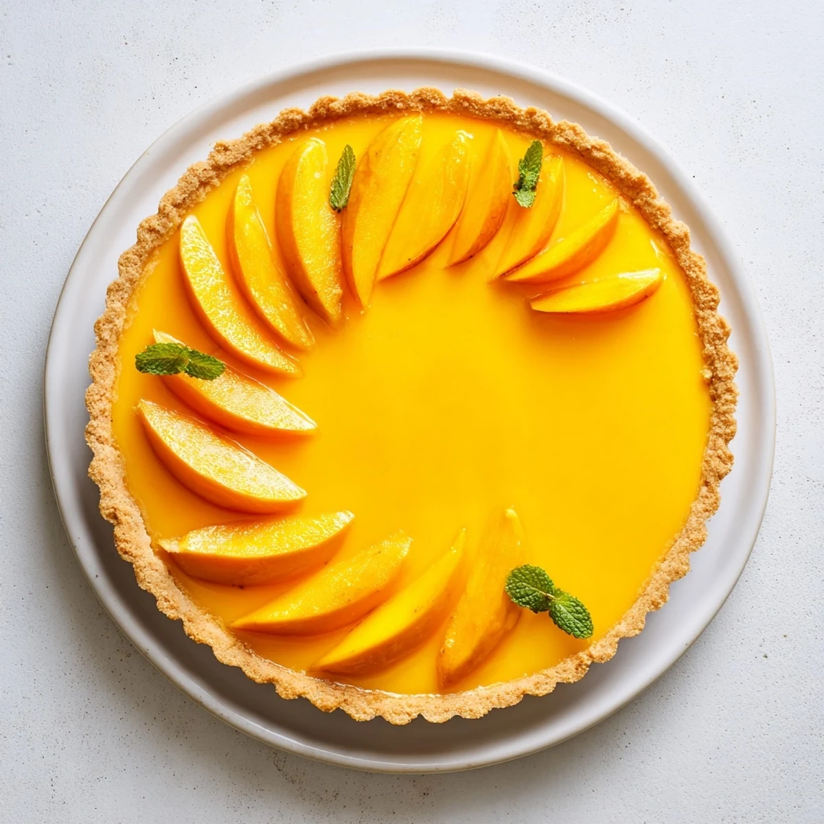 Summer Mango Curd Tart sliced on a wooden board, revealing the crisp crust and luscious tropical curd filling inside.