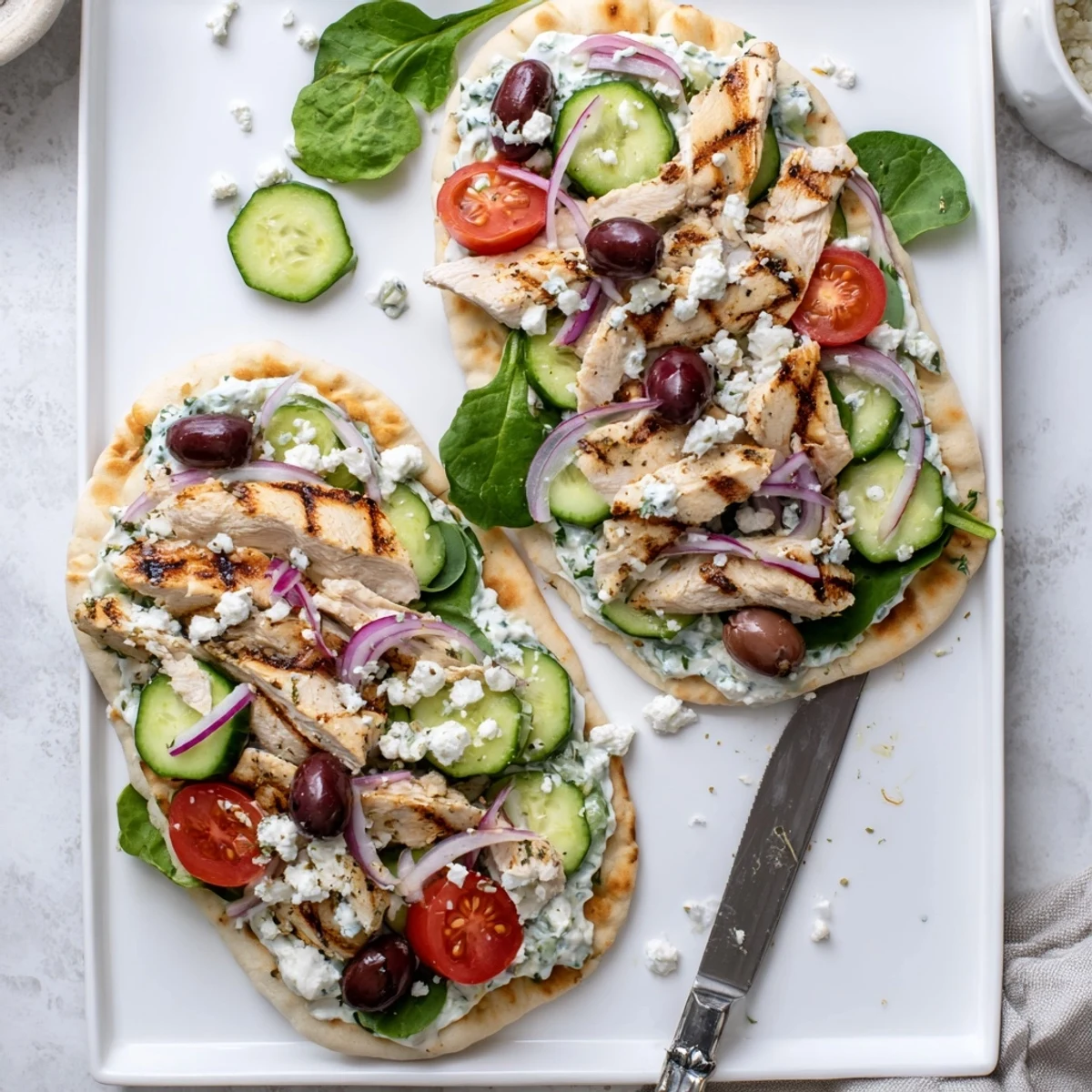 Golden-brown grilled chicken slices rest on warm flatbread, topped with fresh tomatoes, cucumbers, and creamy tzatziki sauce.