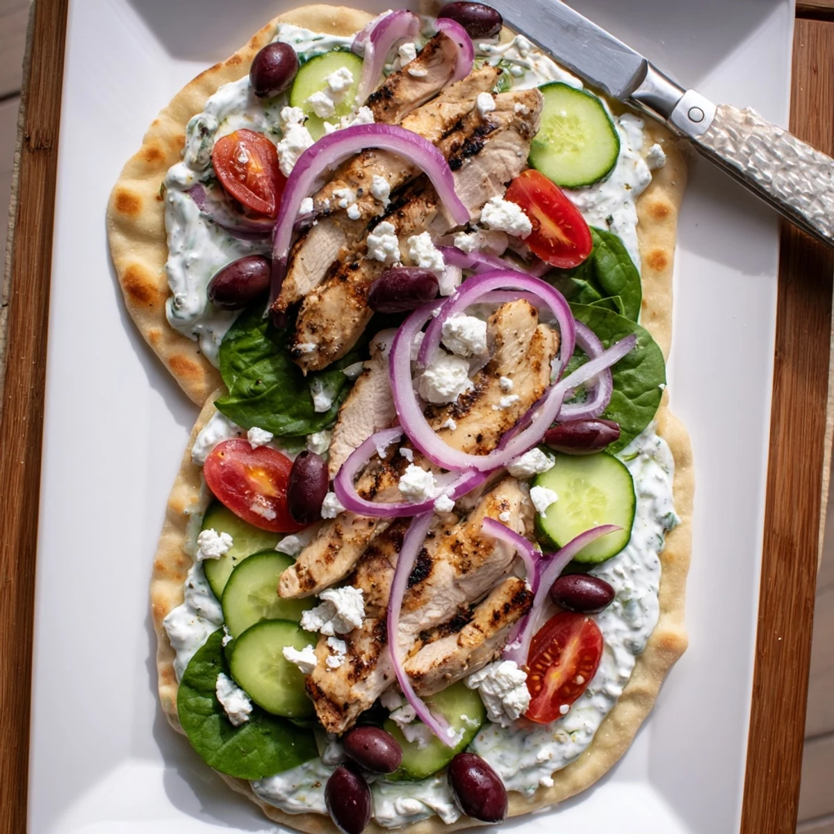 A close-up of Greek Chicken Flatbread shows vibrant red onions, Kalamata olives, and crumbled feta cheese.