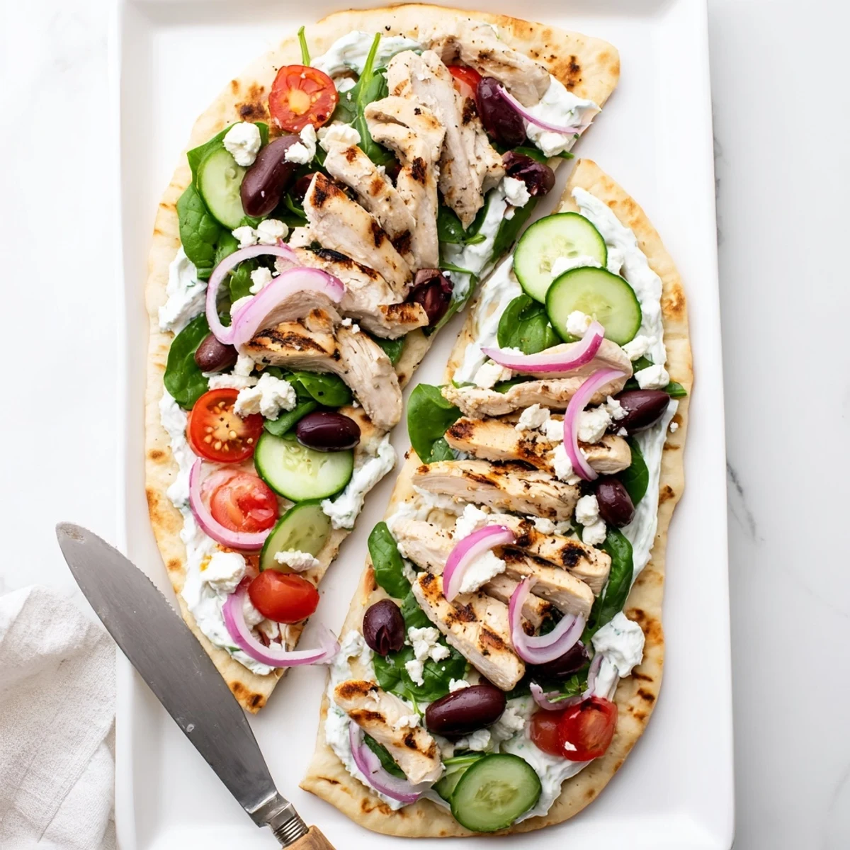 Served Greek Chicken Flatbread features fresh spinach, juicy chicken, and tangy tzatziki on a rustic wooden board.