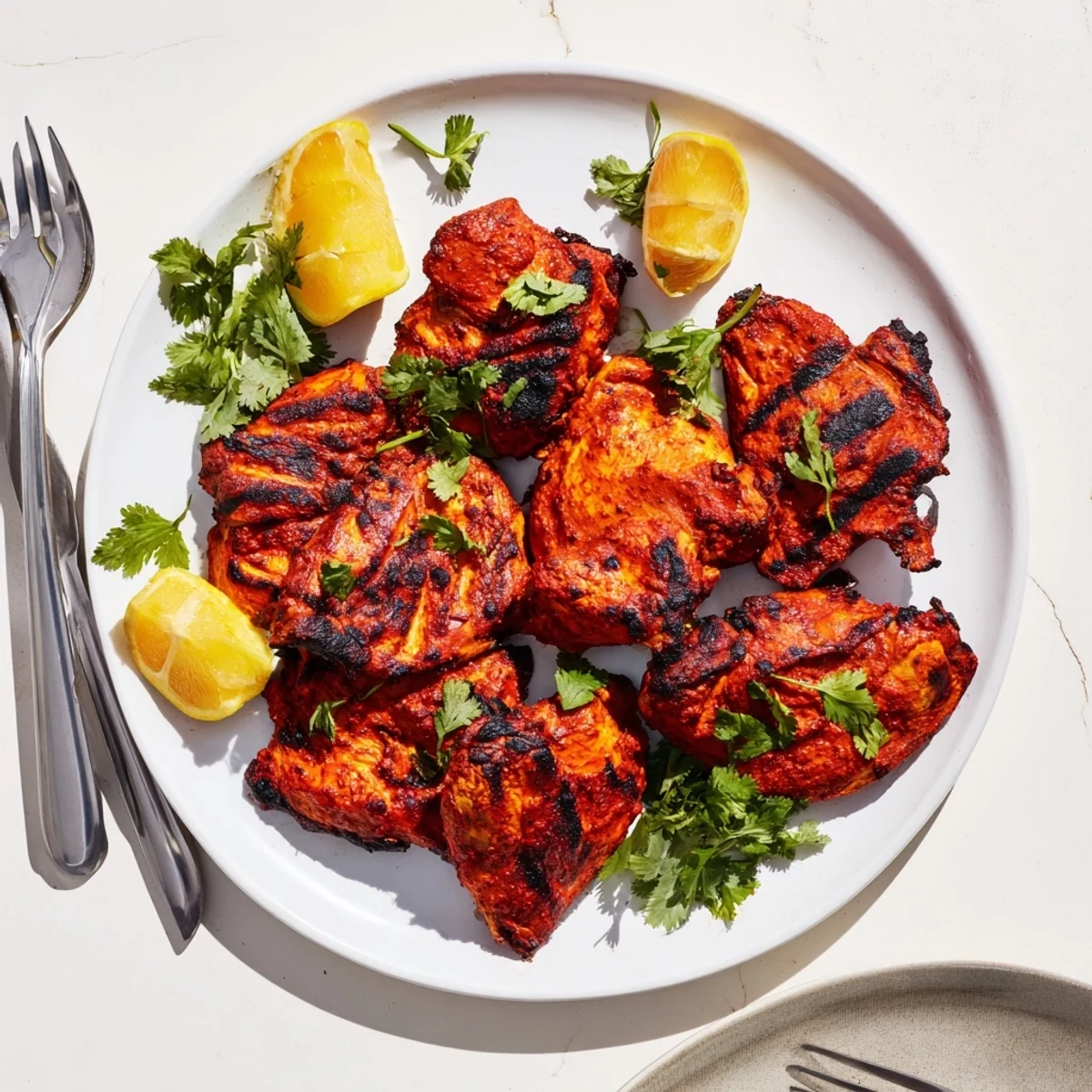 Juicy Grilled Tandoori Chicken with charred edges and vibrant red spices sits on a platter with lemon wedges and cilantro.