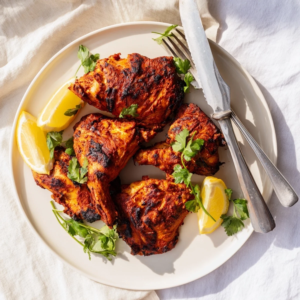 Smoky, aromatic Grilled Tandoori Chicken hot off the grill, drizzled with lemon juice and paired with a refreshing cucumber salad.