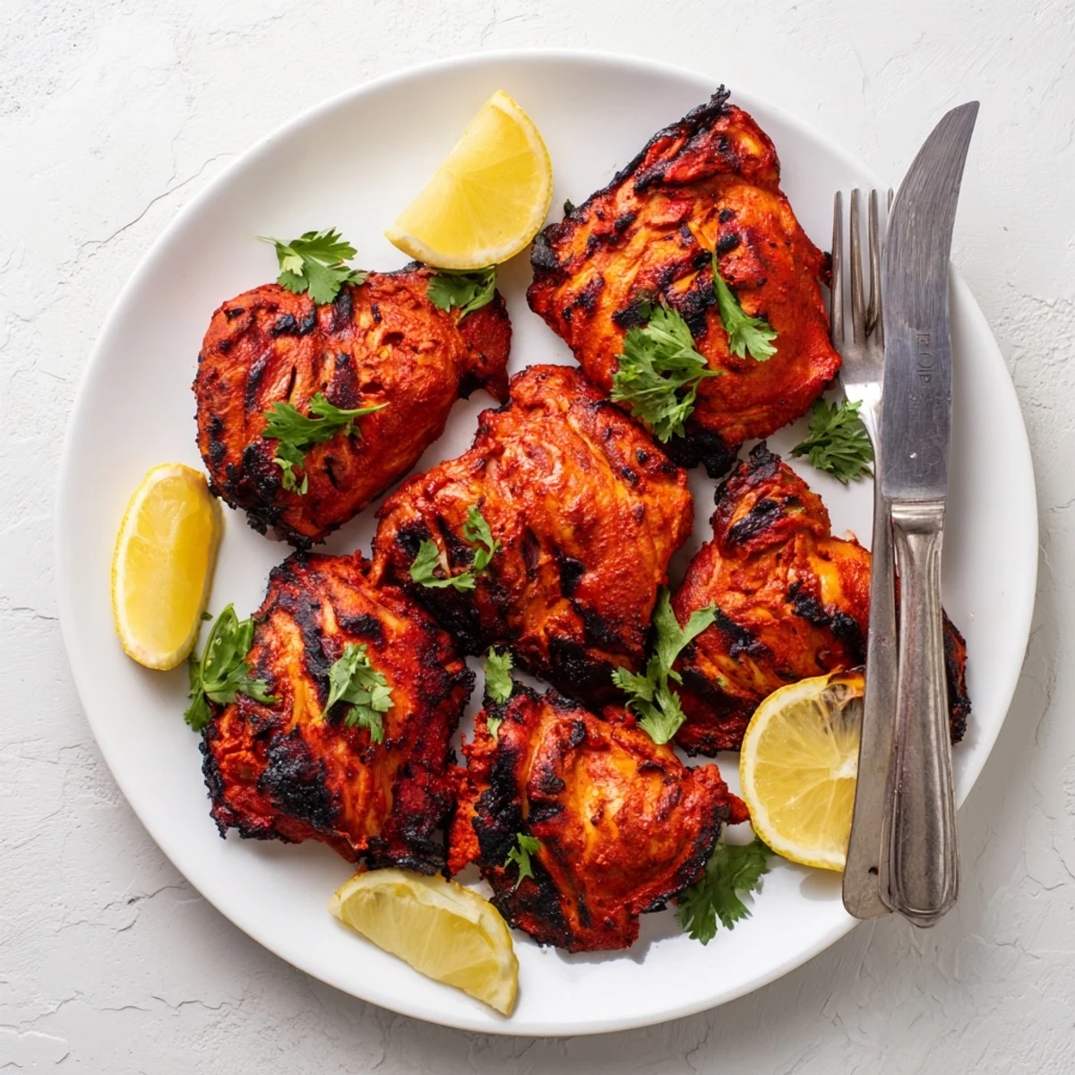 Tender Grilled Tandoori Chicken thighs resting on a rustic board, garnished with fresh cilantro and ready to serve with naan.