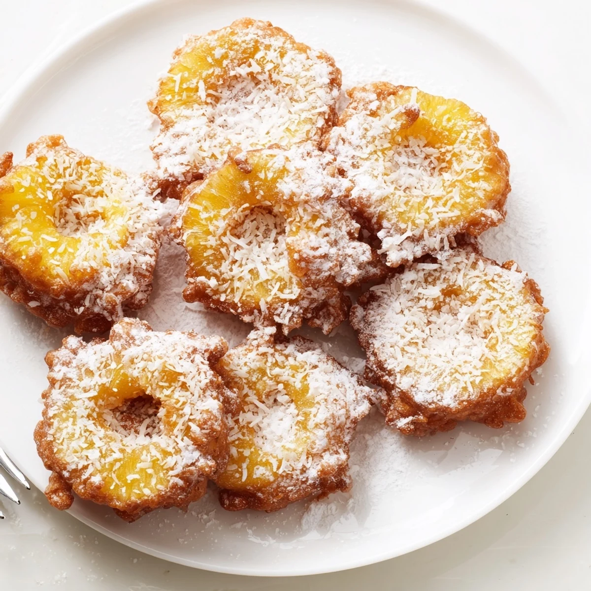 Warm Heavenly Pineapple Fritters stack high, tropical aroma rising as powdered sugar melts on golden batter.