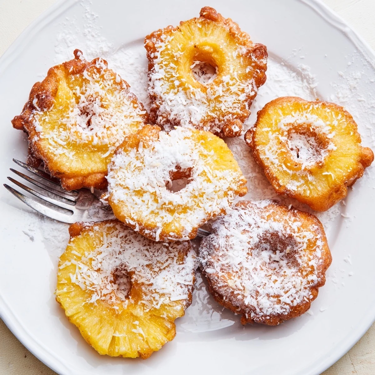 Golden Heavenly Pineapple Fritters with crispy edges, dusted with powdered sugar and toasted coconut on a plate.