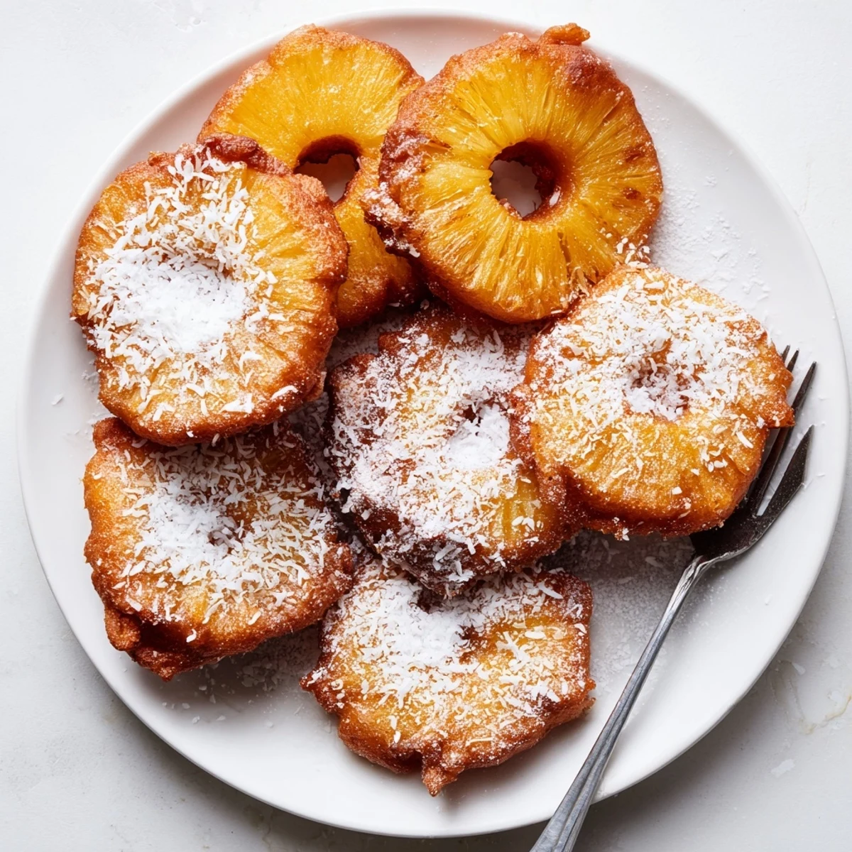 Fresh Heavenly Pineapple Fritters served with vanilla ice cream melting slightly over the crisp rings.