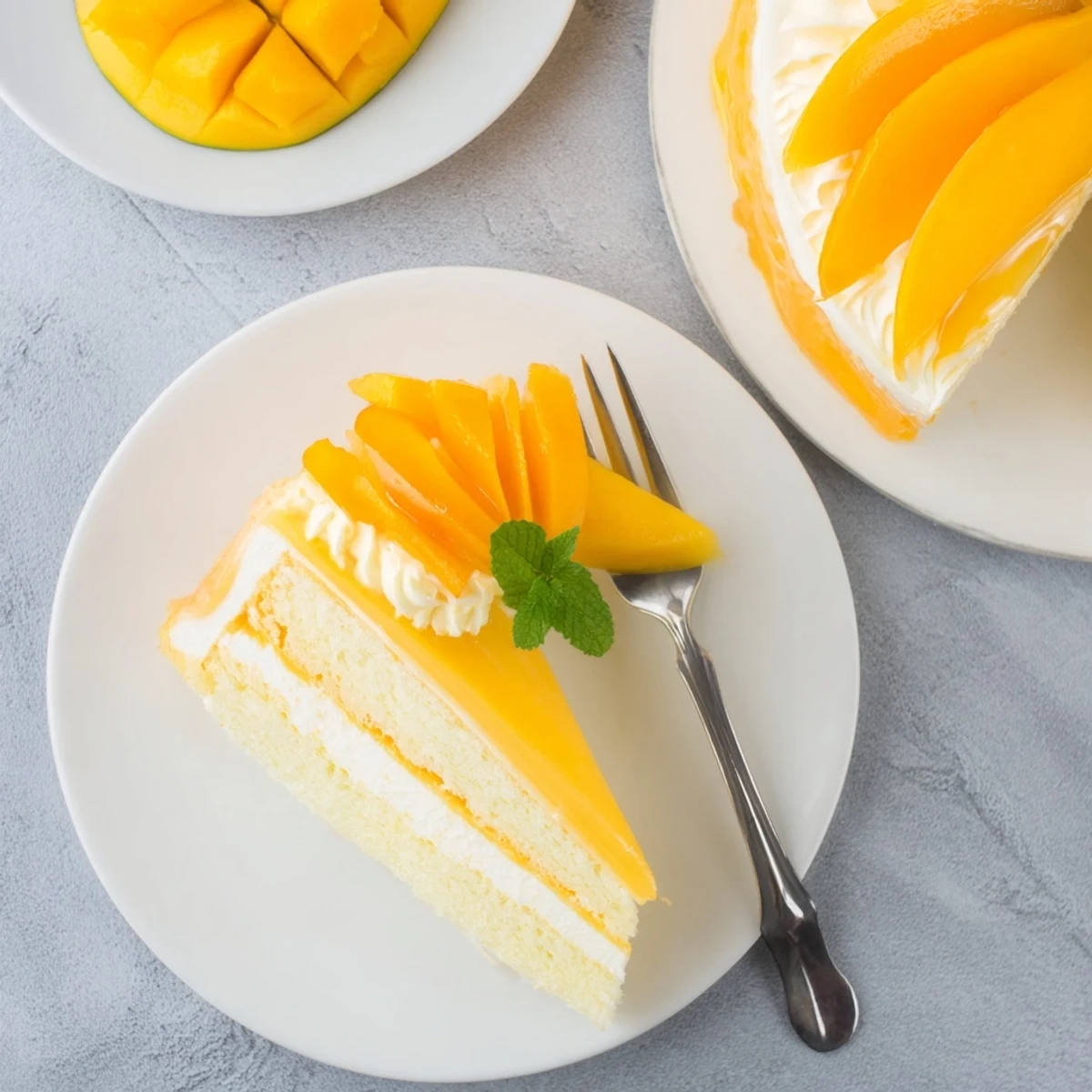 Fresh slices of Mango Mousse Cake showcase fluffy mousse, tender sponge, and glossy mango glaze on a summer dessert table.