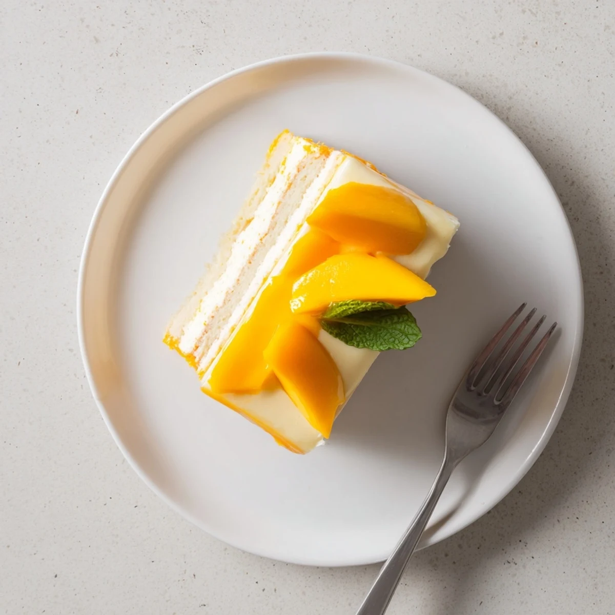 Perfectly chilled Mango Mousse Cake layered with airy mango mousse and sponge base, served with fresh mango slices.