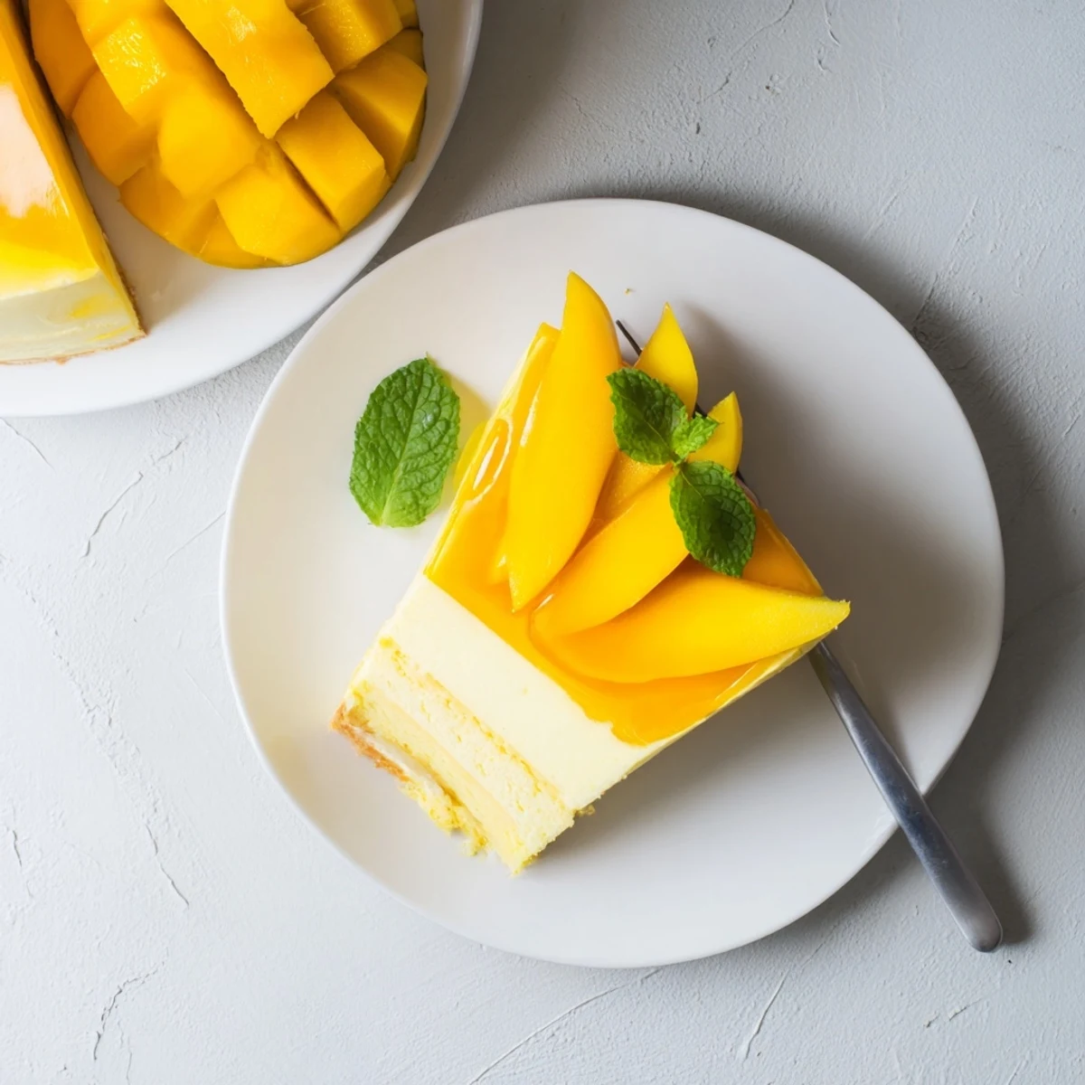 Delicate Mango Mousse Cake with smooth mango glaze and ripe fruit garnish, ideal for warm weather celebrations.