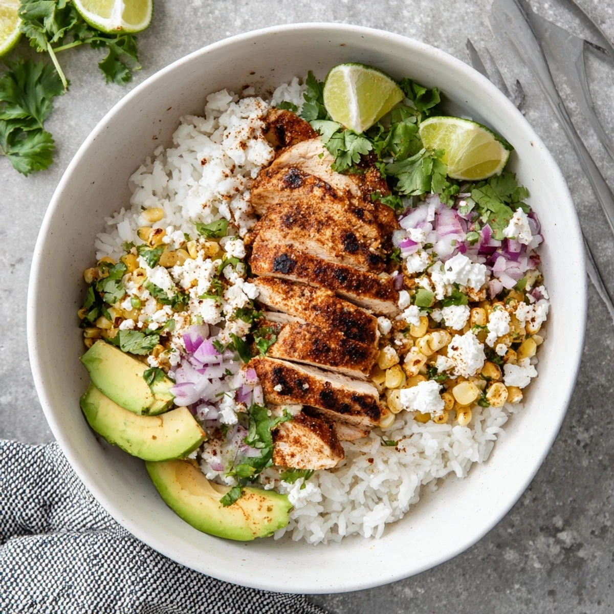 Juicy grilled chicken and charred street corn top fluffy rice in this vibrant Street Corn Chicken Rice Bowl, garnished with fresh cilantro.  
