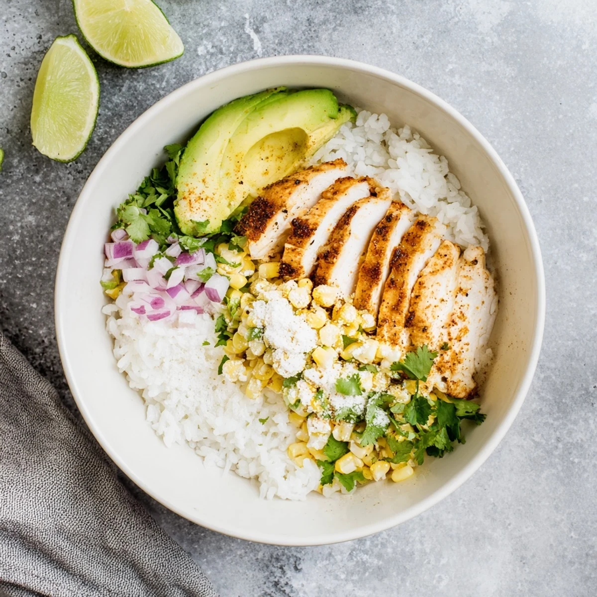 This Street Corn Chicken Rice Bowl features smoky grilled chicken, sweet corn, and colorful toppings on a bed of warm, fluffy rice.