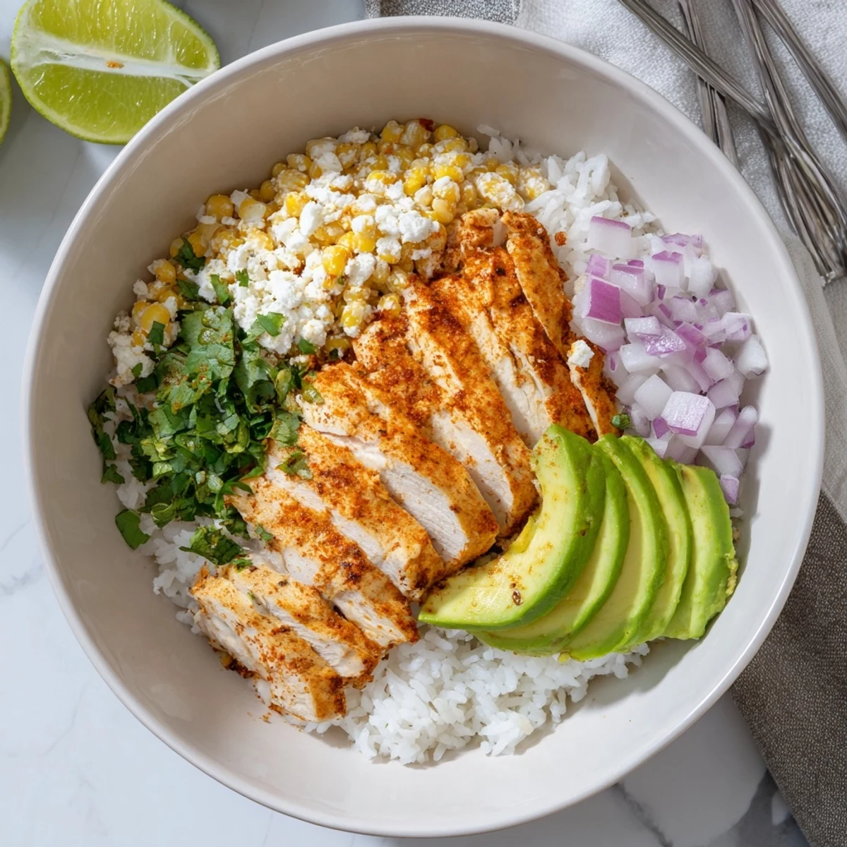 A close-up of the Street Corn Chicken Rice Bowl showcases avocado slices, cotija cheese crumbles, and zesty lime wedges ready to serve.  