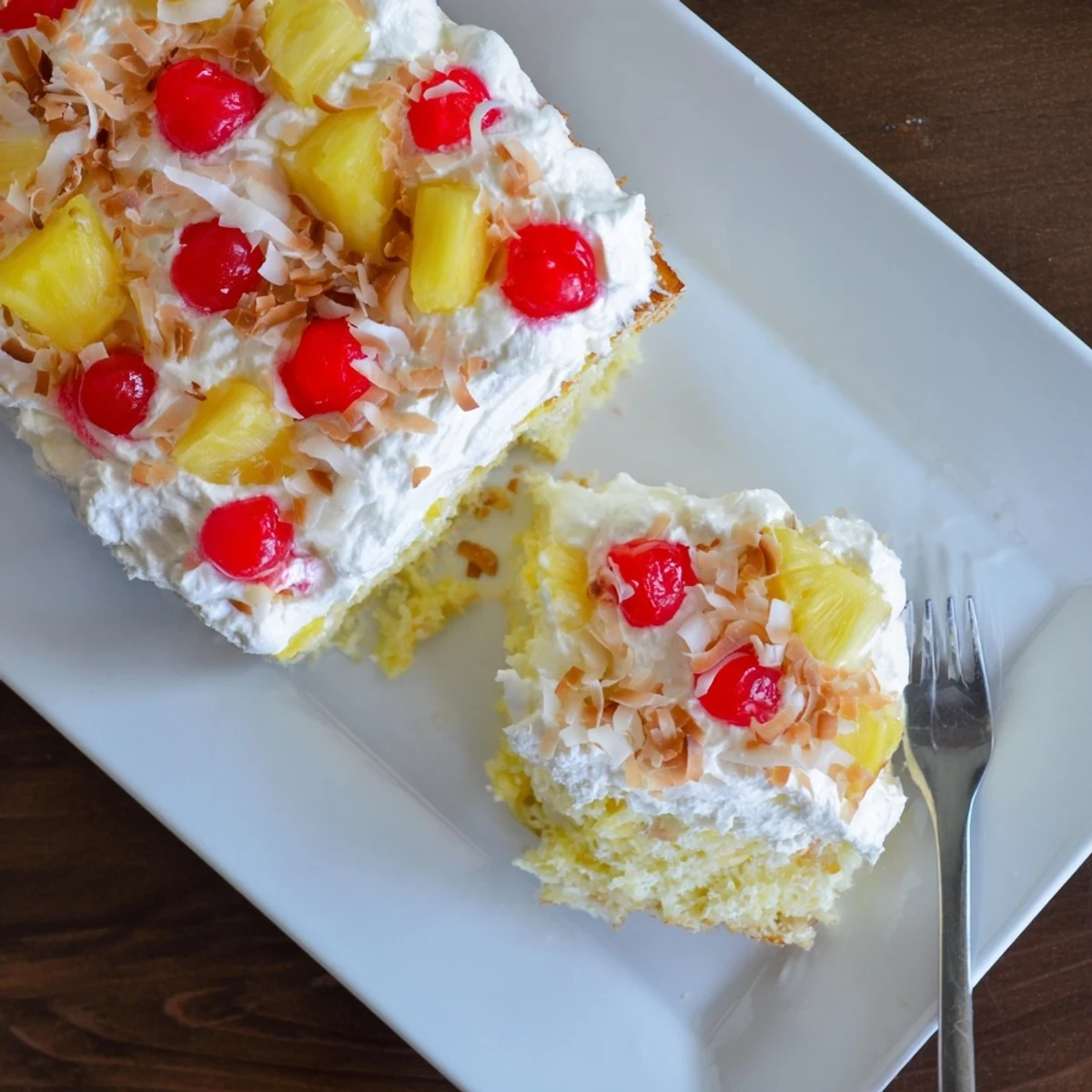 Frosted Hawaiian Poke Cake topped with toasted coconut flakes and fresh pineapple chunks for a tropical flavor.