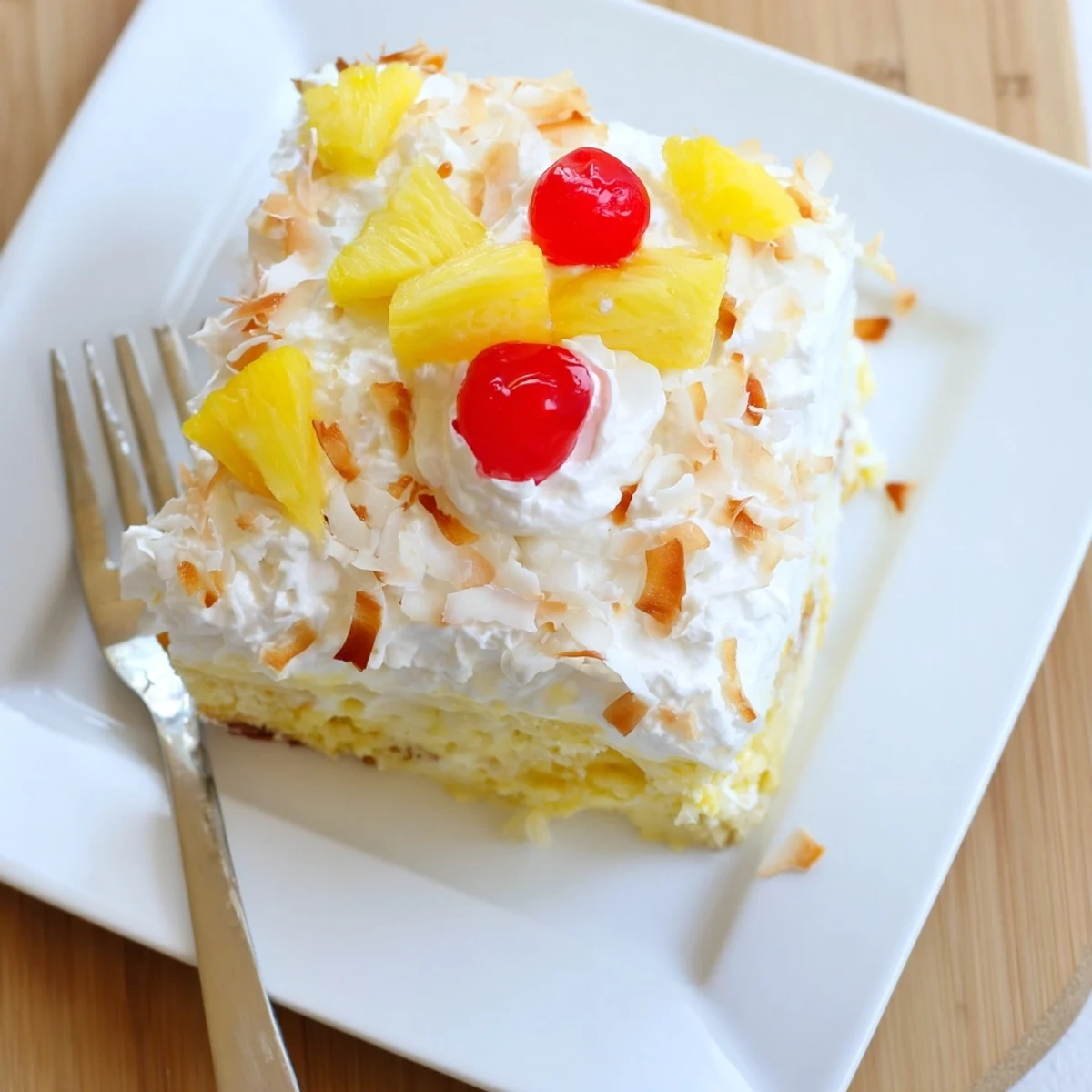 Vibrant Hawaiian Poke Cake garnished with maraschino cherries and creamy whipped topping, ready to serve chilled.