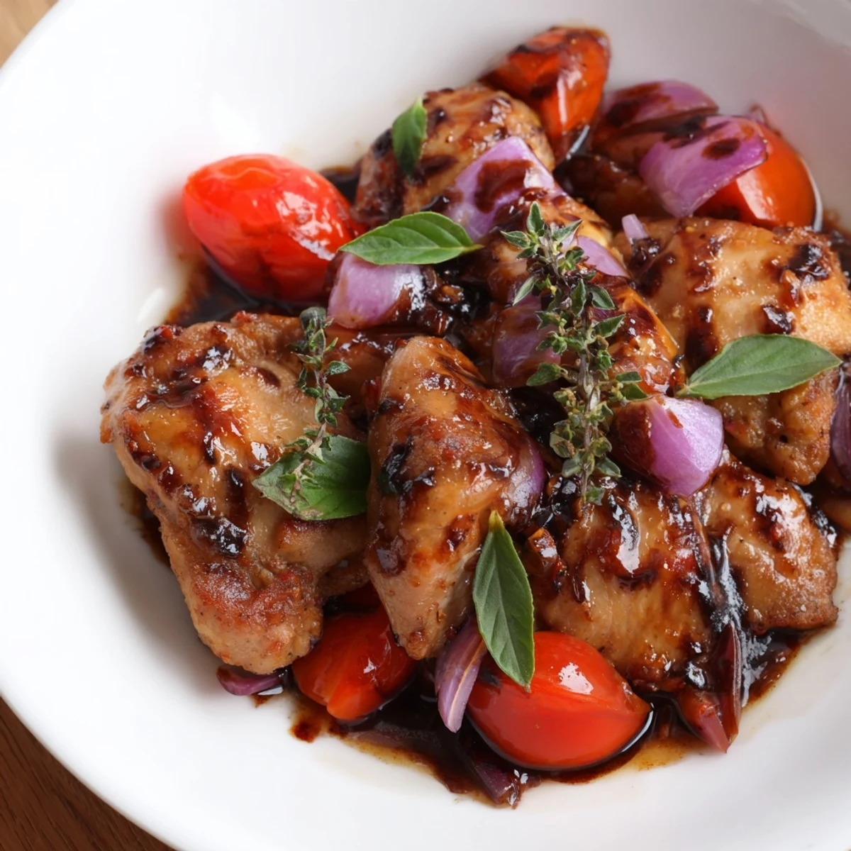 Savory One Pan Juicy Chicken with Balsamic Sauce plated with basil garnish and a rich, glossy pan sauce drizzled over top.